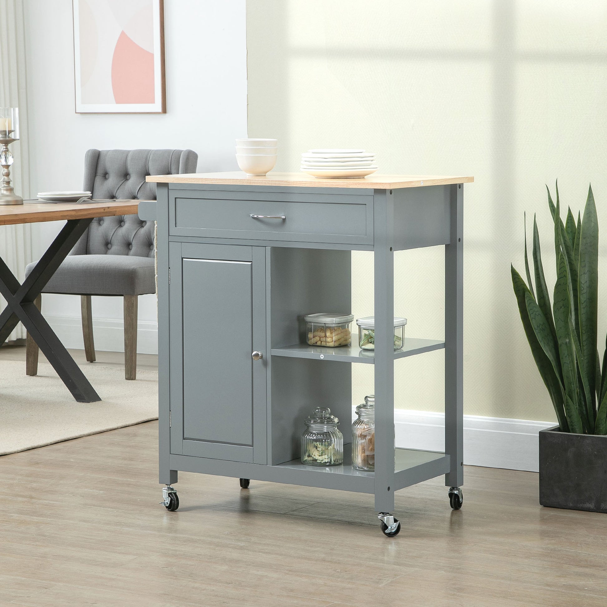 Homcom Kitchen Island Cart, Rolling Kitchen Island With Storage Shelf, Solid Wood Top, Drawer, For Dining Room, Gray Grey Mdf