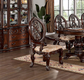 Traditional Brown Cherry 2Pcs Arm Chairs Tan Fabric Seats W Welt Faux Wood Carved Details Solid Wood Dining Room Furniture Brown,Tan Brown Dining Room Luxury,Traditional,Vintage Arm Chair Rubberwood