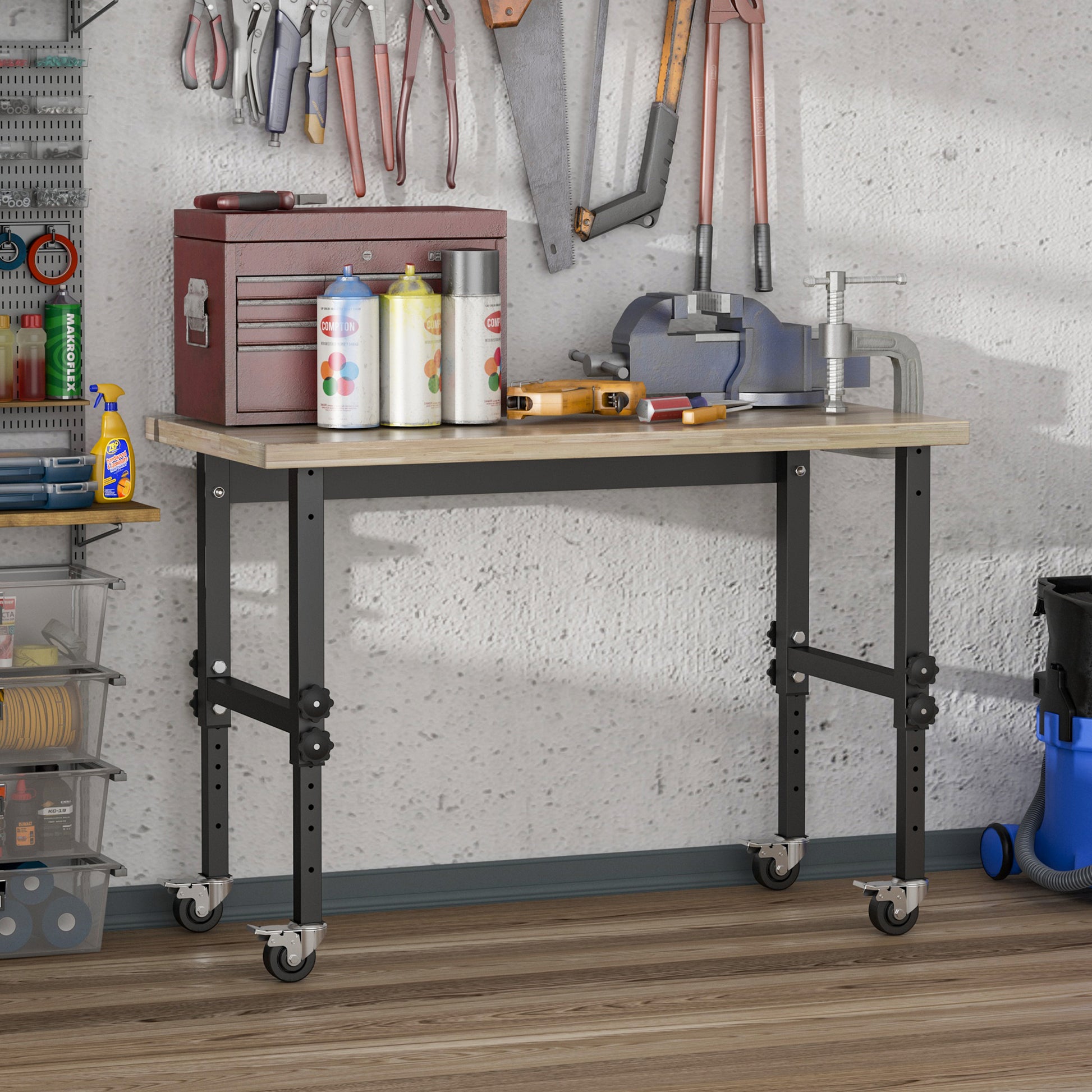 Homcom 47.25" Work Bench With Height Adjustable Legs, Bamboo Tabletop Workstation Tool Table On Wheels For Garage, Weight Capacity 1320 Lbs, Black Natural Natural Wood Bamboo
