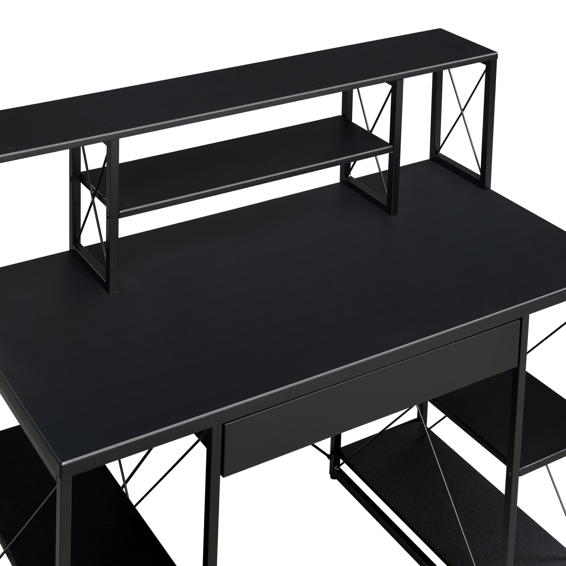 Black Office Desk With Open Shelves And Hutch Black Writting Desk Office Rectangular Shelves Wood Metal Sled