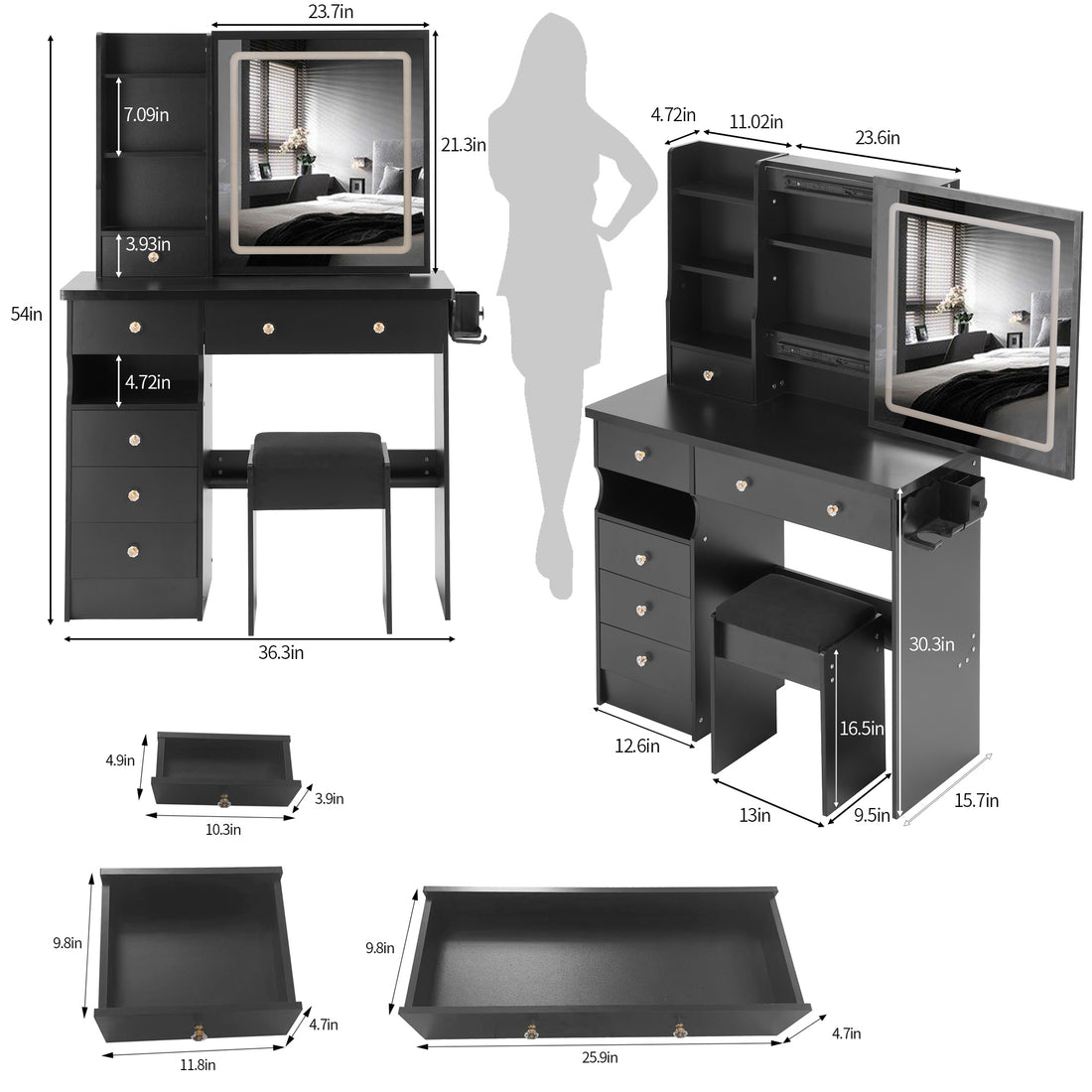 37" Middle Size Left Drawer Desktop Vanity Table Cushioned Stool Dresser Set, 2 Ac 2 Usb Socket, Hair Dryer Stand, Large Touch Control Led Sliding Mirror, 3 Color Switch, Epa, Gcc, Ul Certificate