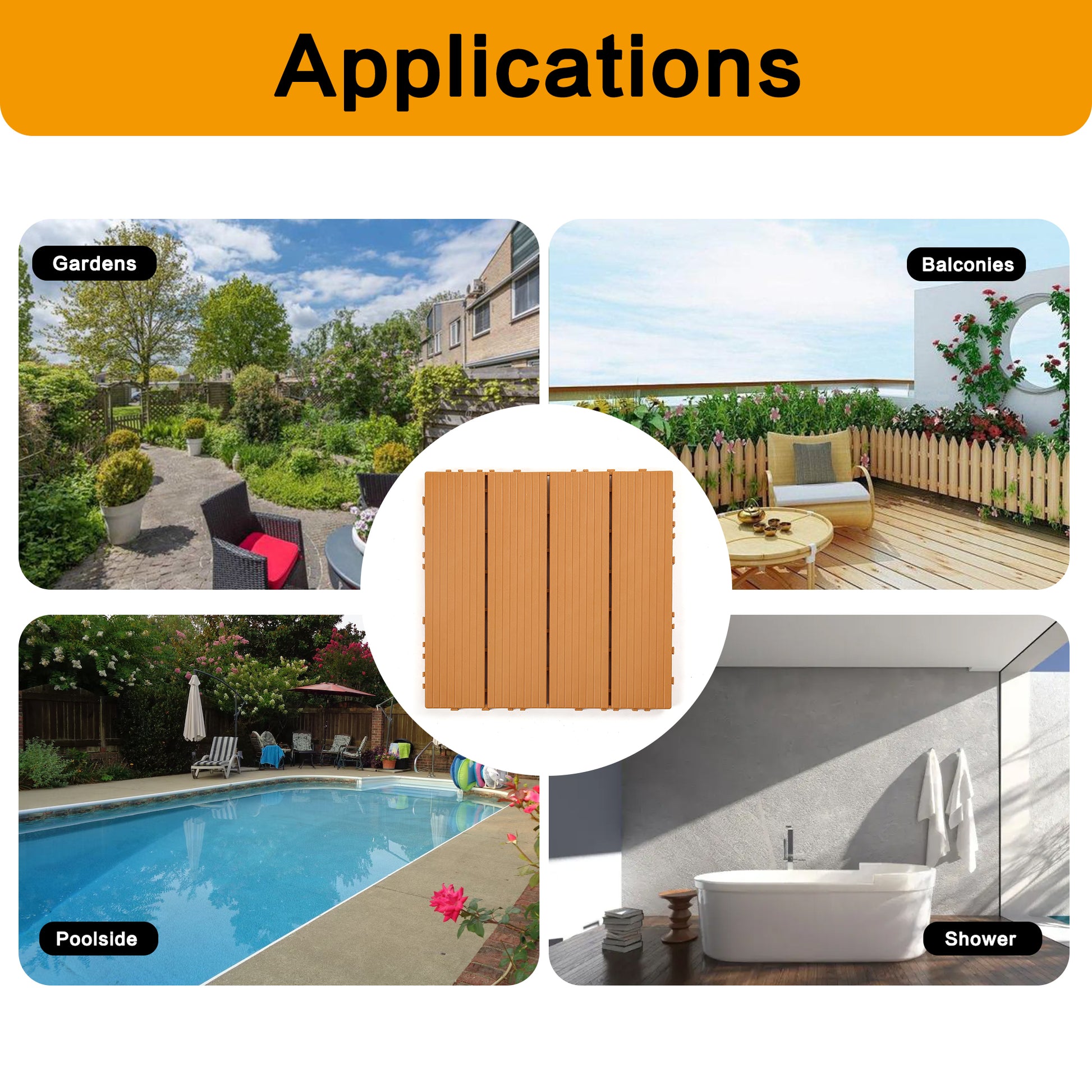 Plastic Interlocking Deck Tiles, 44 Pack Terrace Deck Tiles, 12 "X12" Square Waterproof Outdoor All Weather Use, Pool Balcony Backyard Terrace Deck Tiles, Original Wood Color Burly Wood Polypropylene