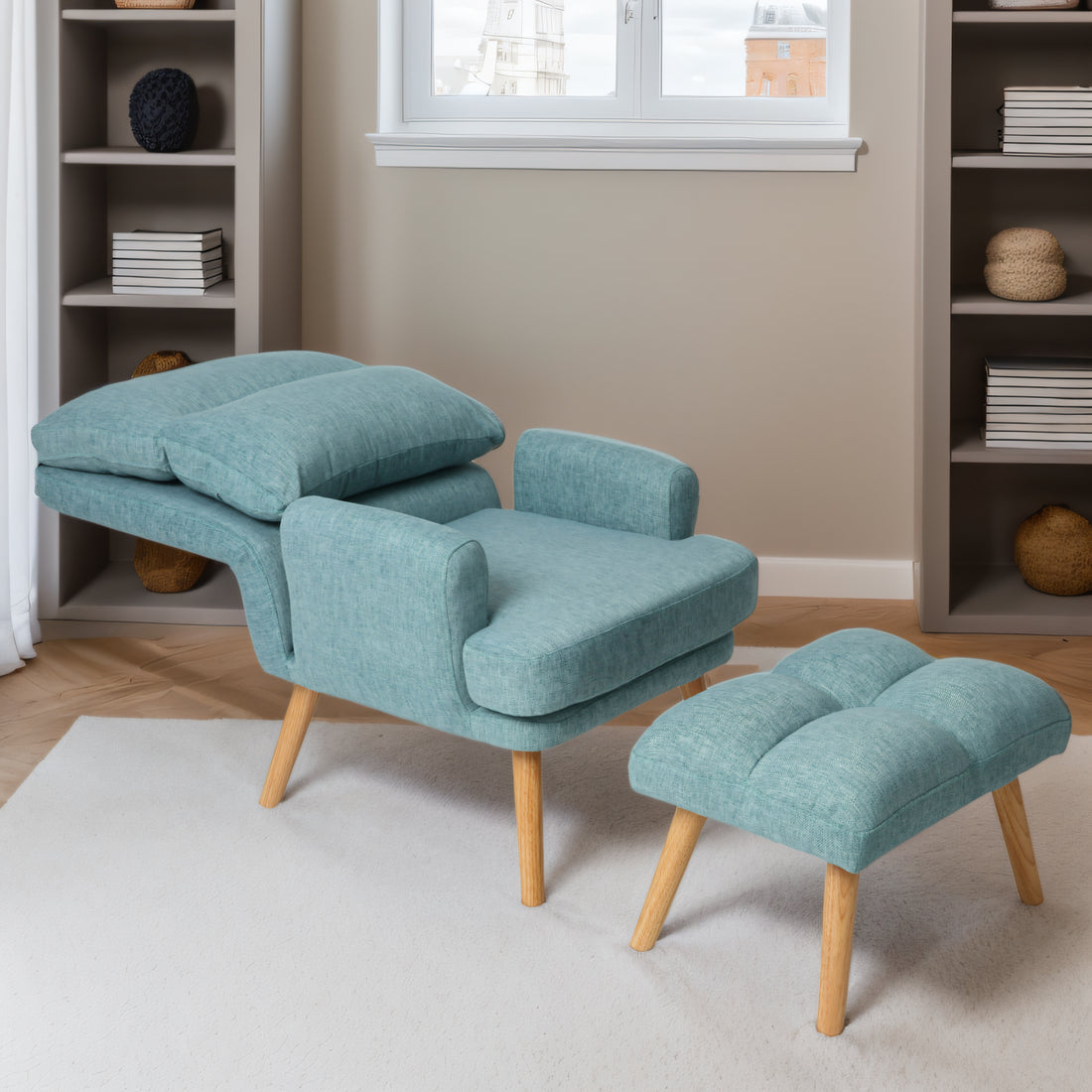 Accent Chair With Ottoman Set, Fabric Armchair With Wood Legs And Adjustable Backrestmid Century Modern Comfy Lounge Chair For Living Room, Bedroom, Reading Room And Study Green Textile 1 Seat
