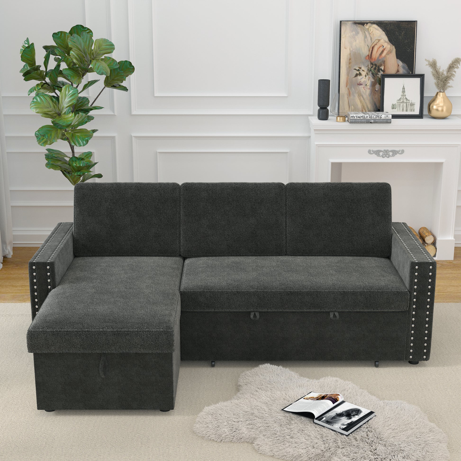 85 Inches Sofa Bed, 3 Seater Sleeper Sofa With Storage Chaise, Square Handrail With Pull And Copper Nail,Chenille Dark Grey, Pull Out Couch For Living Room Dark Grey Chenille 3 Seat