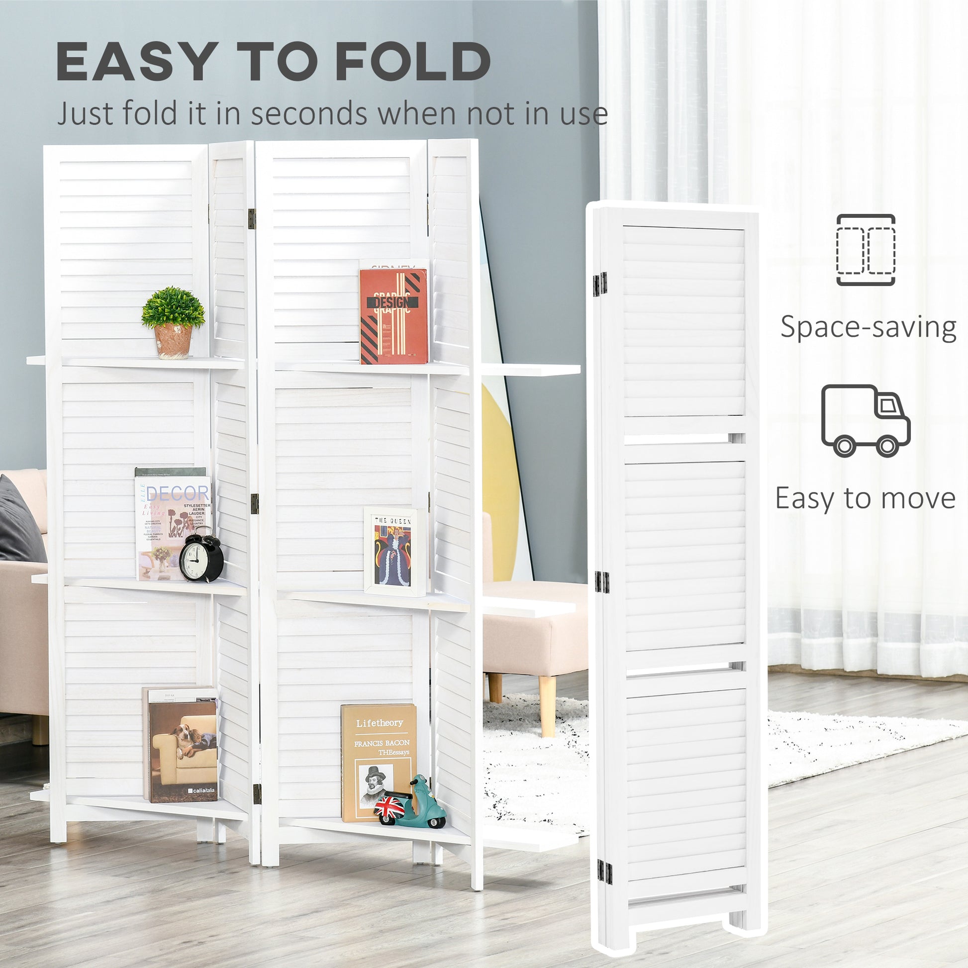 Homcom 4 Panel 67" Tall Wood Privacy Screen Room Divider With 3 Display Shelves, And Folding Storage For Bedroom Or Home Office, White White Wood