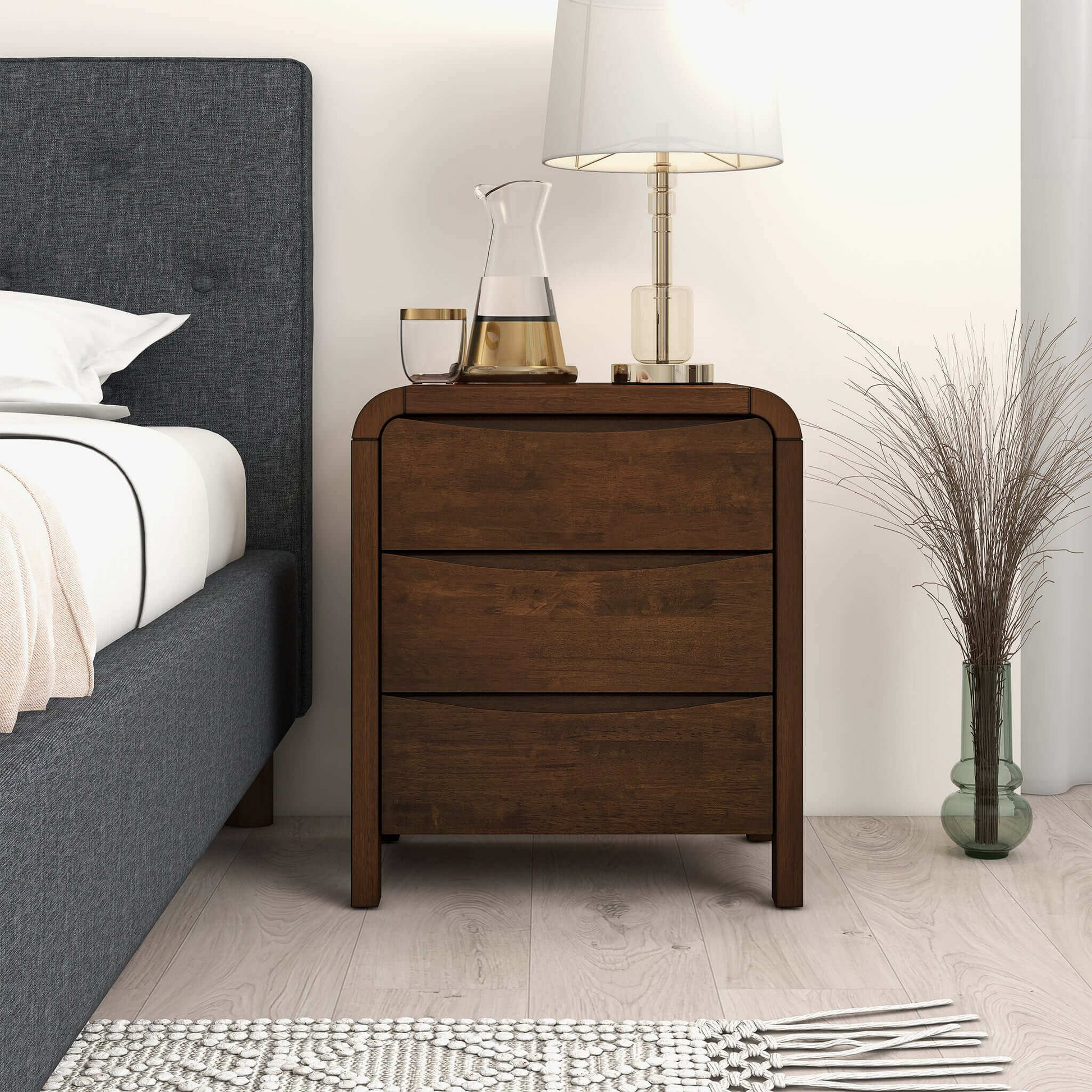 Lionel Mid Century Modern Solid Wood Nightstand 3 Drawer Bed Side Table Brown Brown 3 Drawers Bedroom Bedside Cabinet Mid Century Modern Engineered Hardwood Solid Wood Walnut Finish Solid Wood