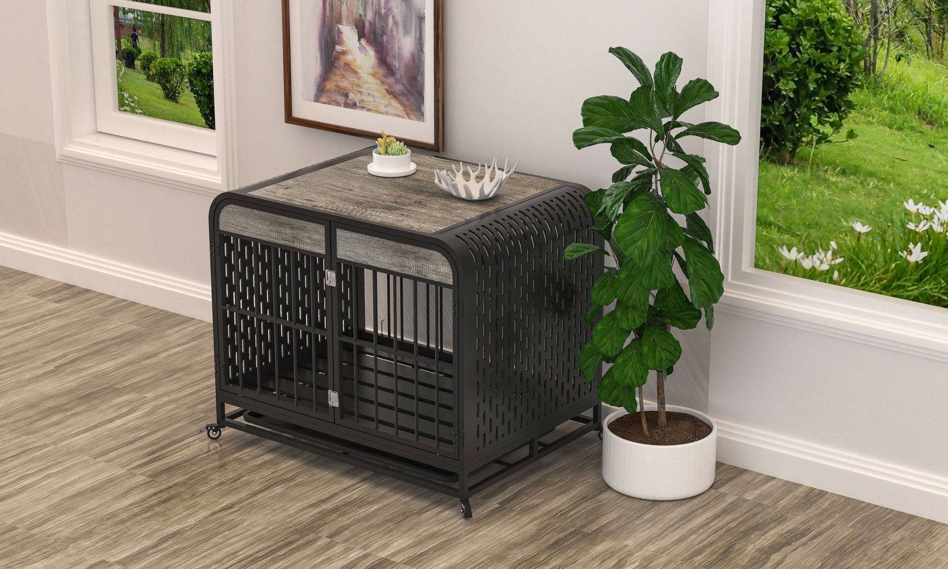 Heavy Duty Dog Crate Furniture Wooden Table Pet Dog Cage Kennel House Indoor Side End Table Decor With Removable Trays And Lockable Wheels For Small Dogs 33" Grey Grey Outdoor Kennel Small 11 25 Lbs Mdf Steel