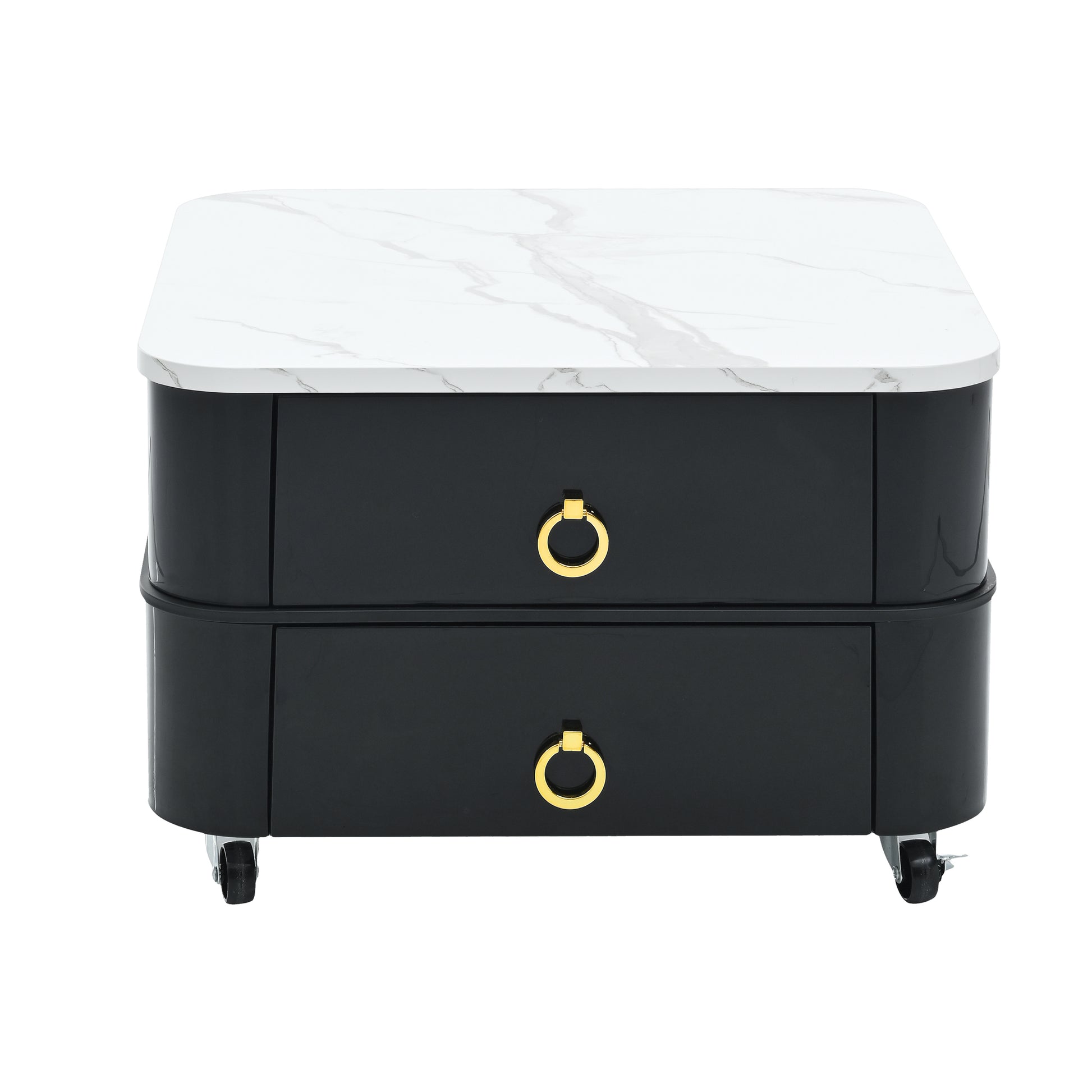 2 In 1 Square Nesting Coffee Table With Wheels & Drawers, Stackable Side Table With High Gloss Marble Grain Top, End Table Set With Brown Tempered Glass For Living Room, Black Black Gold Primary Living Space Drawers Square Mdf Steel