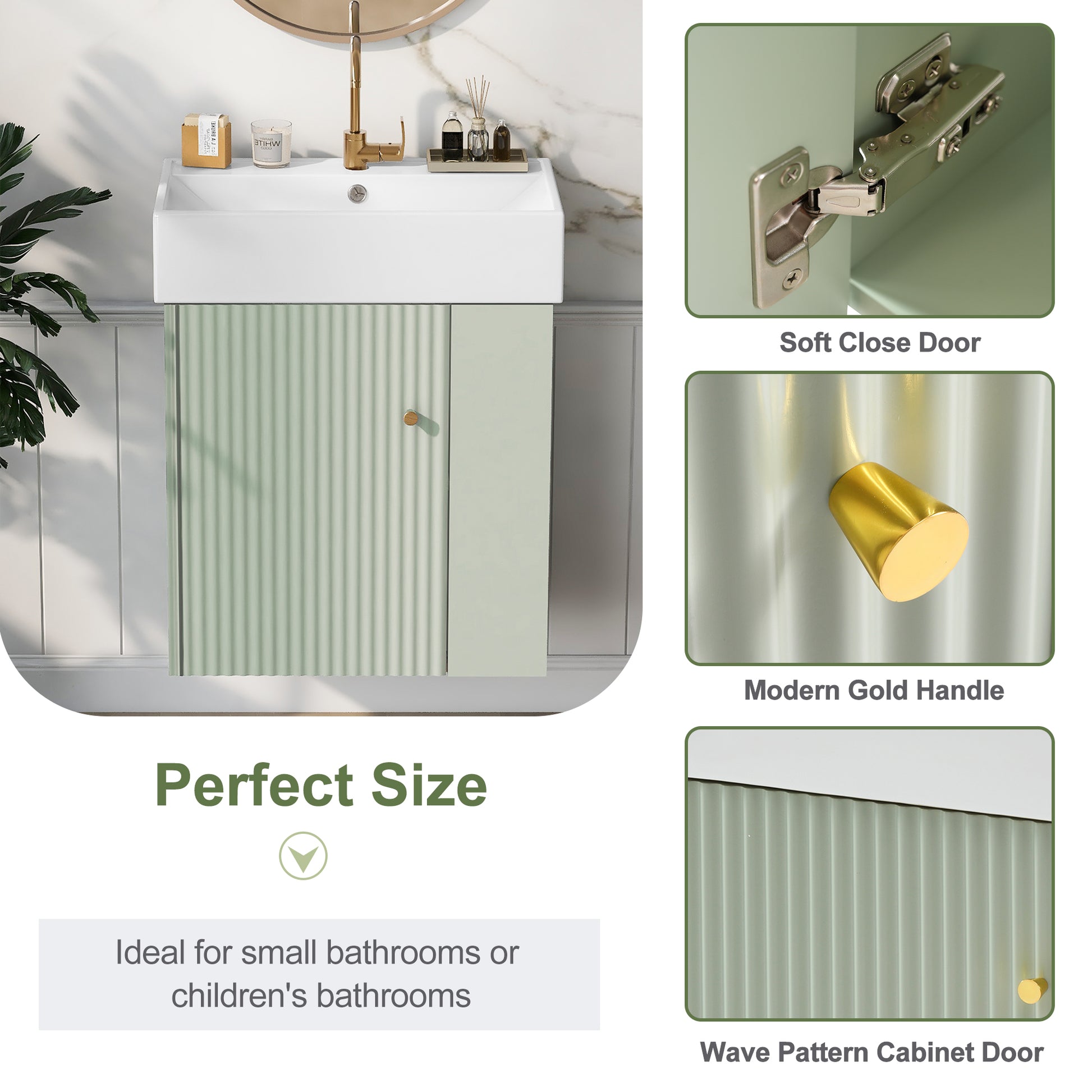 Video 21.6 Inch Modern Floating Bathroom Vanity With Ceramic Basin Perfect For Small Bathrooms, Right Side Storage Green Bathroom Ceramic Mdf