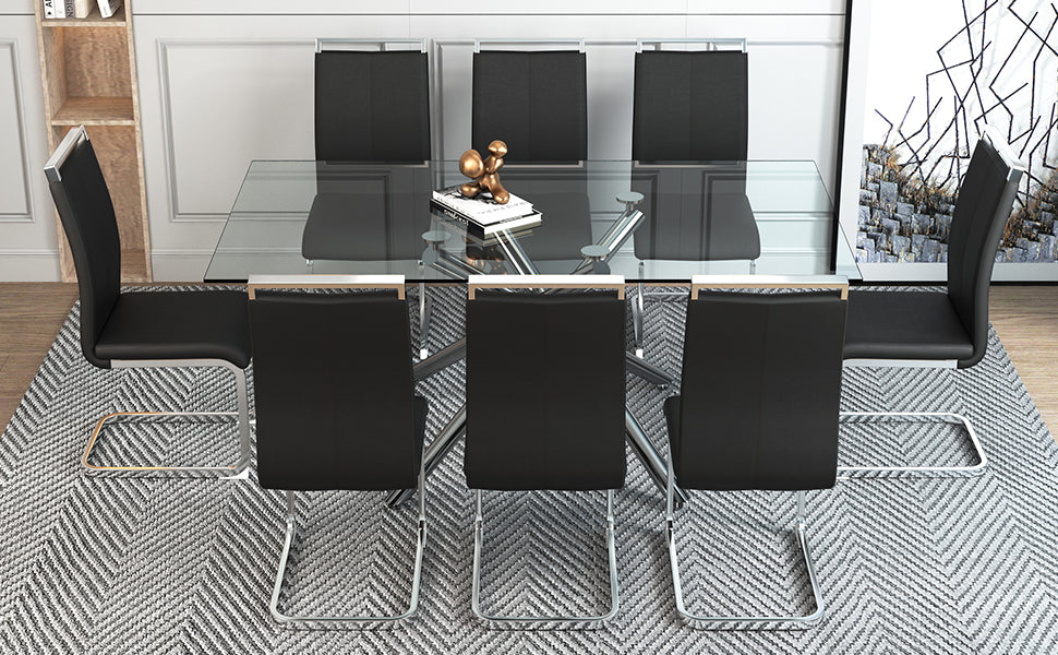 Table And Chair Set.Modern Luxurious Transparent Tempered Glass Dining Table Set.Paried With 8 Black Chairs With Pu Cushion And Silver C Tube Metal Legs. Black,Transparent Seats 8 Glass Metal