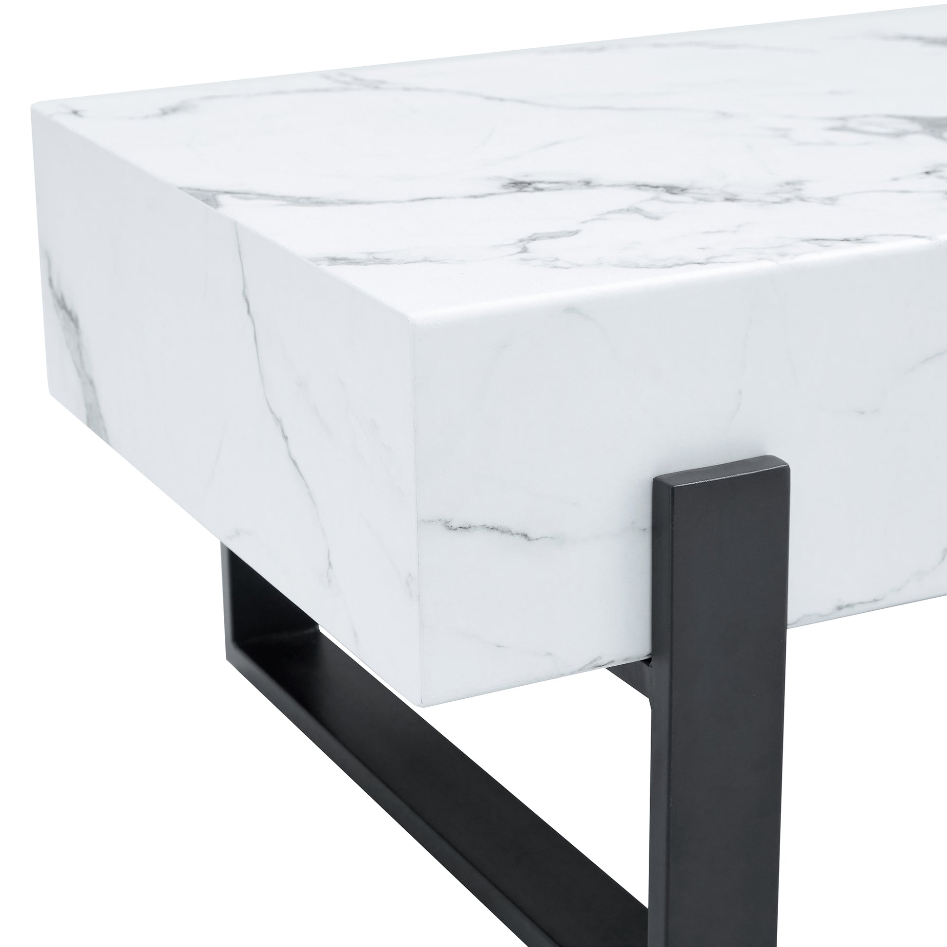 47.2"X23.6" Black And White Minimalist Mdf Marble Patterned Coffee Table.White Marble Pattern Sticker,Black Metal Leg Spray Coating,Mdf Coffee Table.Showcasing A Modern And Simple Style. White Black