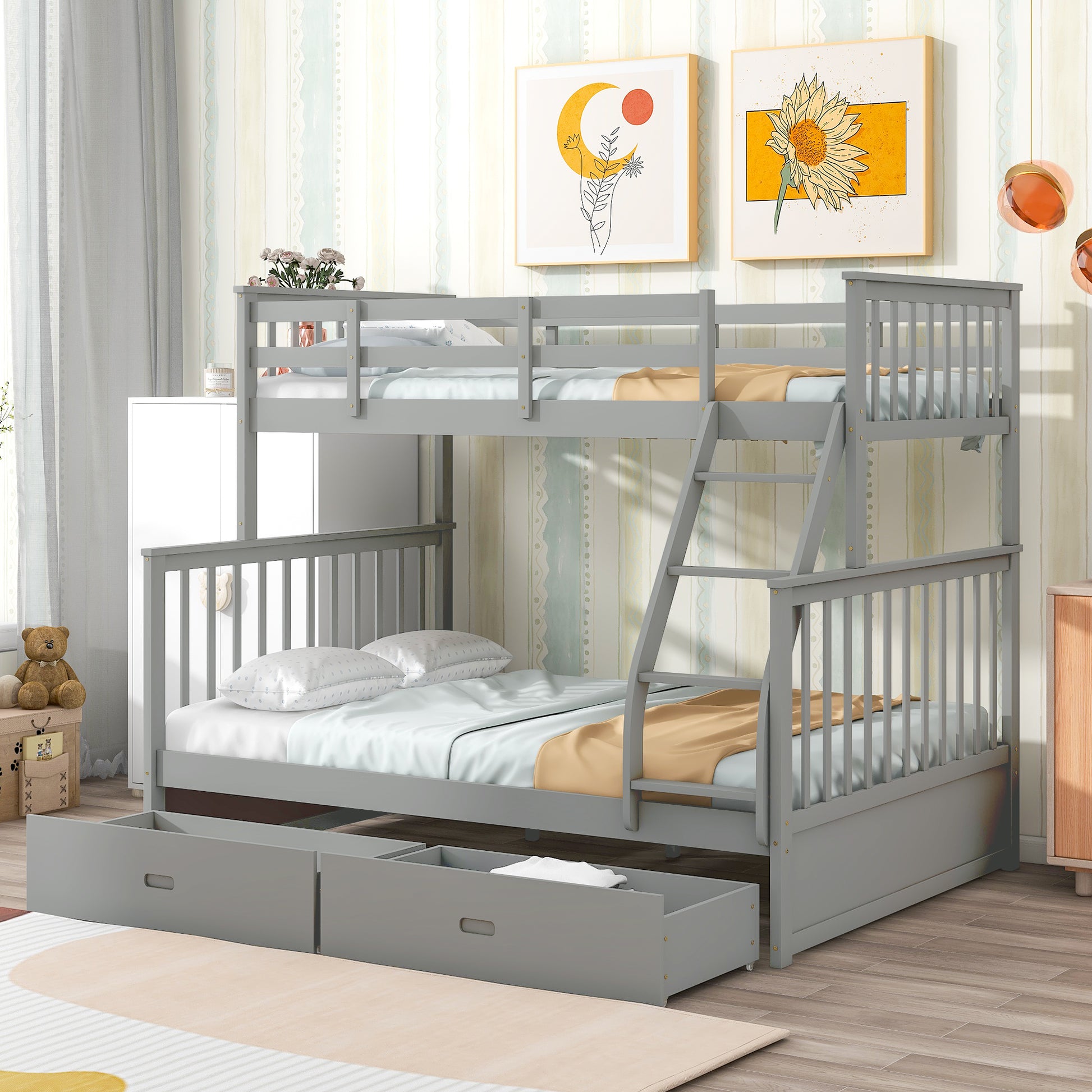 Twin Over Full Bunk Bed With Storage Drawers, Wooden Bunk Bed With Ladder And Safety Guard Rails Gray Full Gray Wood