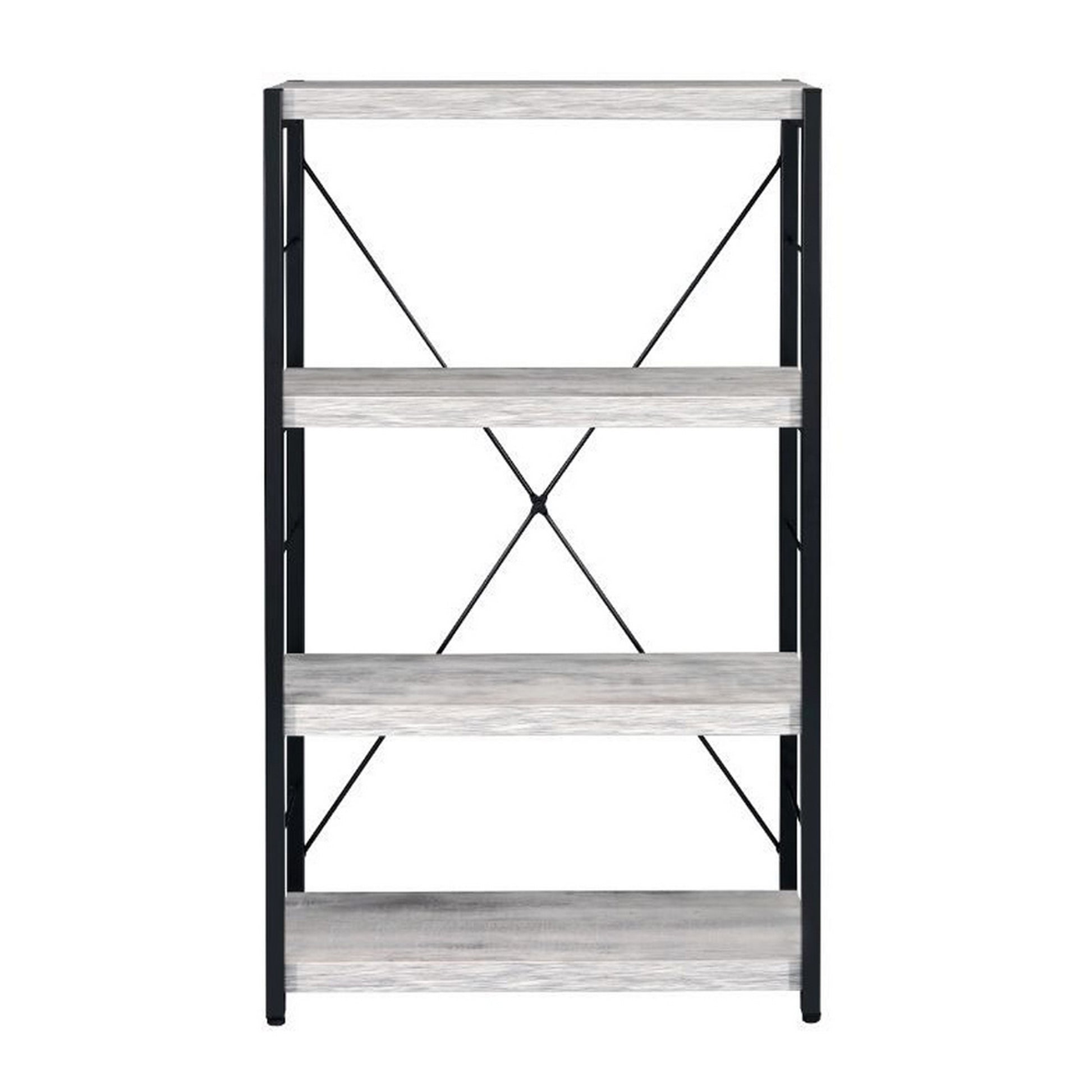 Industrial Bookshelf With 4 Shelves And Open Metal Frame, White And Black White Black Solid Wood