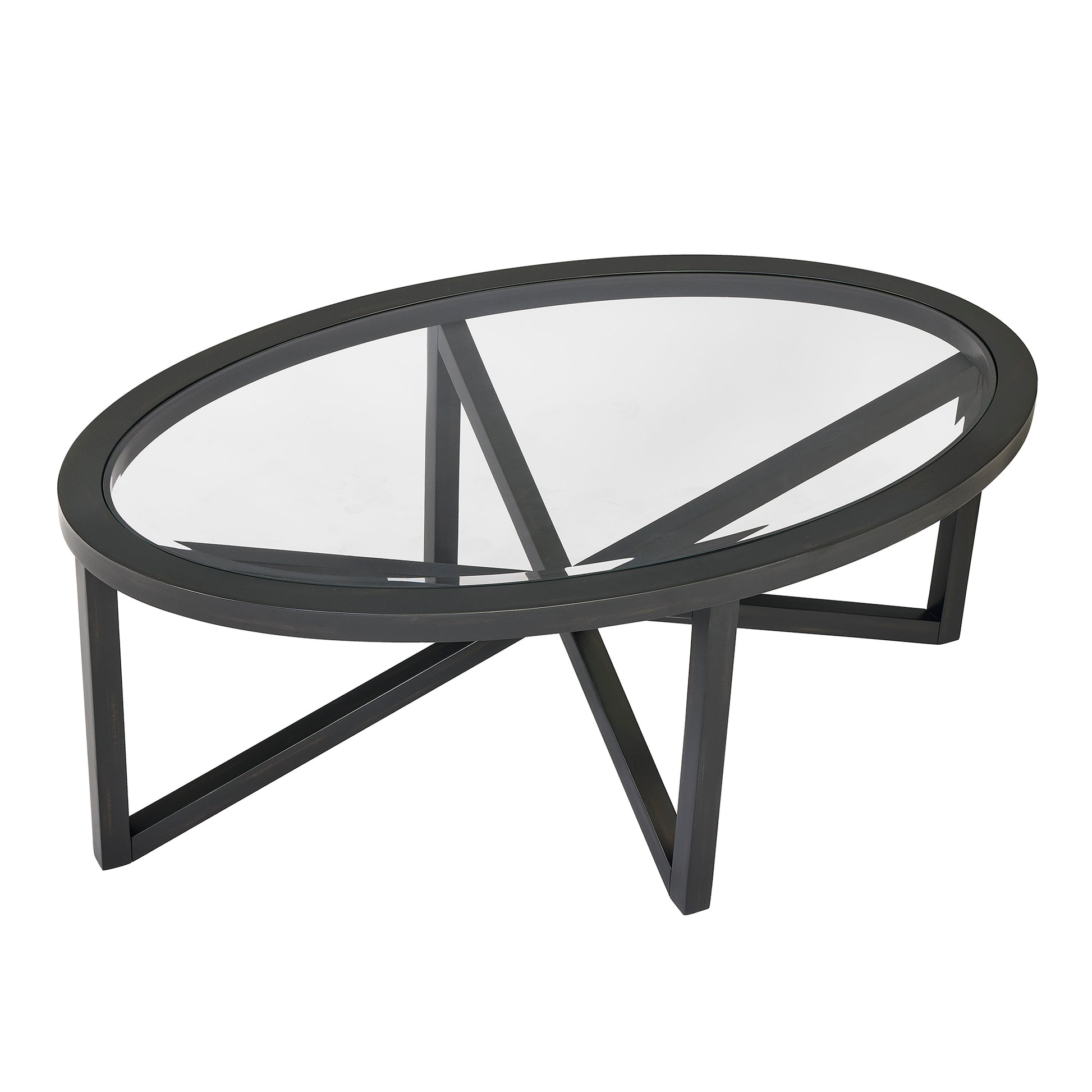 Modern Simple Glass Coffee Table, Tempered Glass Coffee Table Solid Wood Base Round Transparent Glass Top Modern Living Room Terrace Study Coffee Table Black Wood Glass