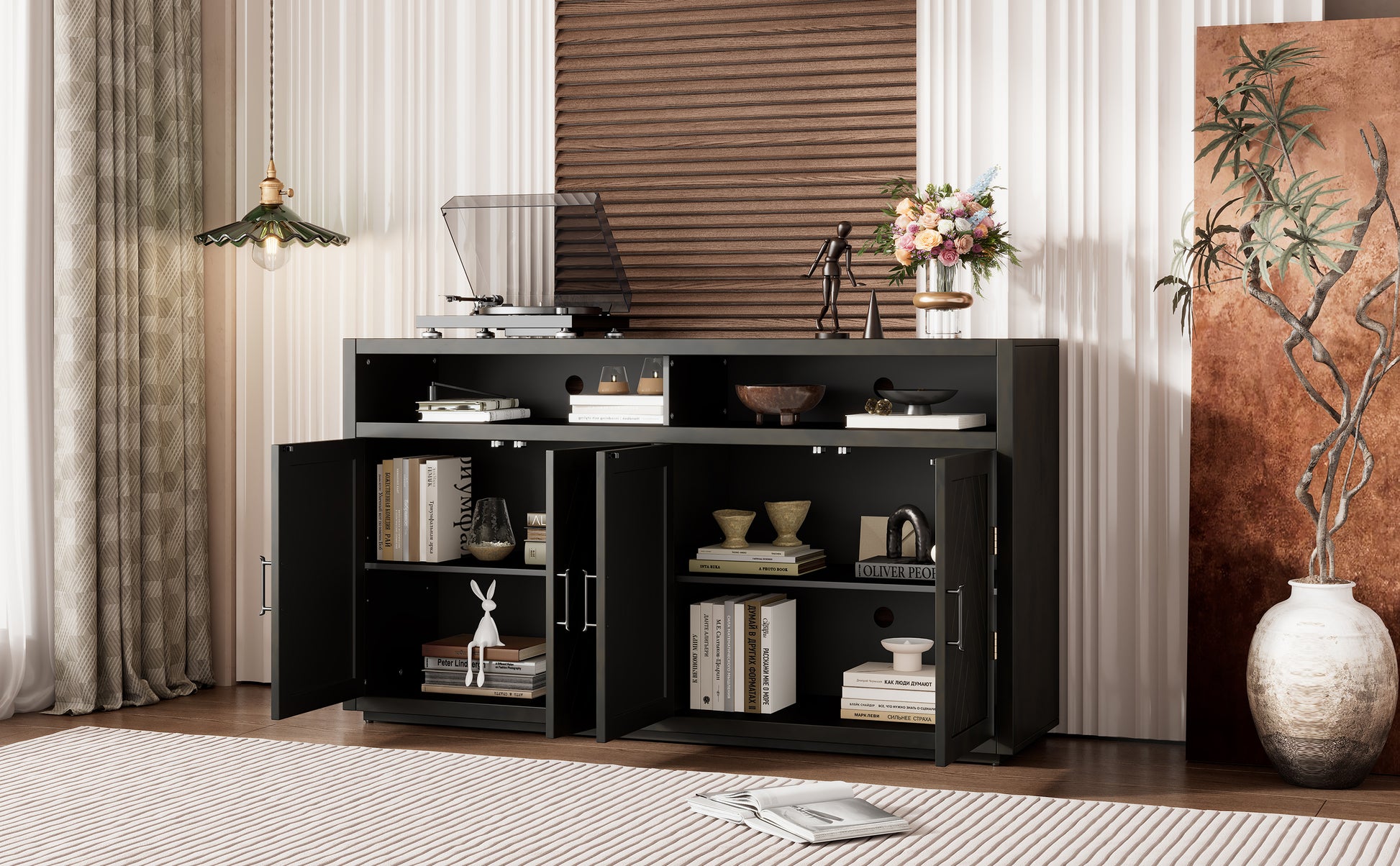 4 Door Classic Sideboard With Open Storage And Adjustable Shelves Perfect For Kitchens, Living Rooms Grey Brown Grey Brown Mdf