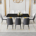 Table And Chair Set.The Table Has A Glass Top With Imitation Marble Pattern Stickers And Stainless Steel Golden Legs. Paried With Chairs With Pu Artificial Leather Backrest Cushions And Black Legs. Black Gold Seats 8 Glass Metal