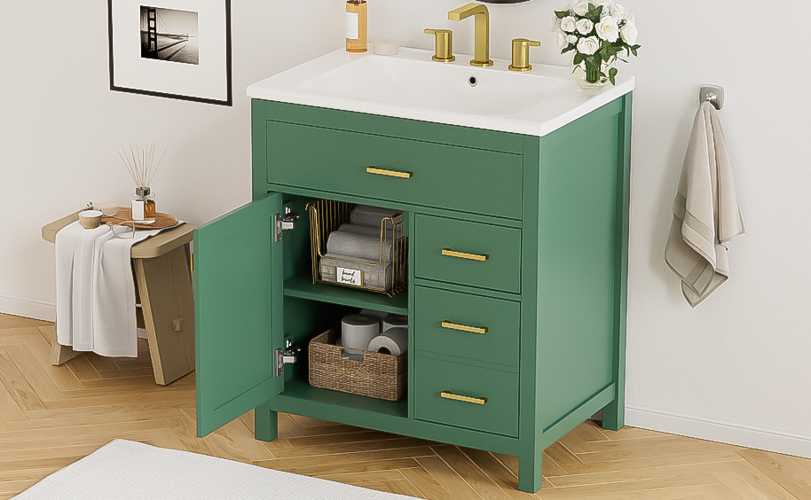 30 Inch Green Bathroom Vanity With Ceramic Sink And Large Storage Ideal Choice For Small Bathrooms Green Solid Wood Mdf