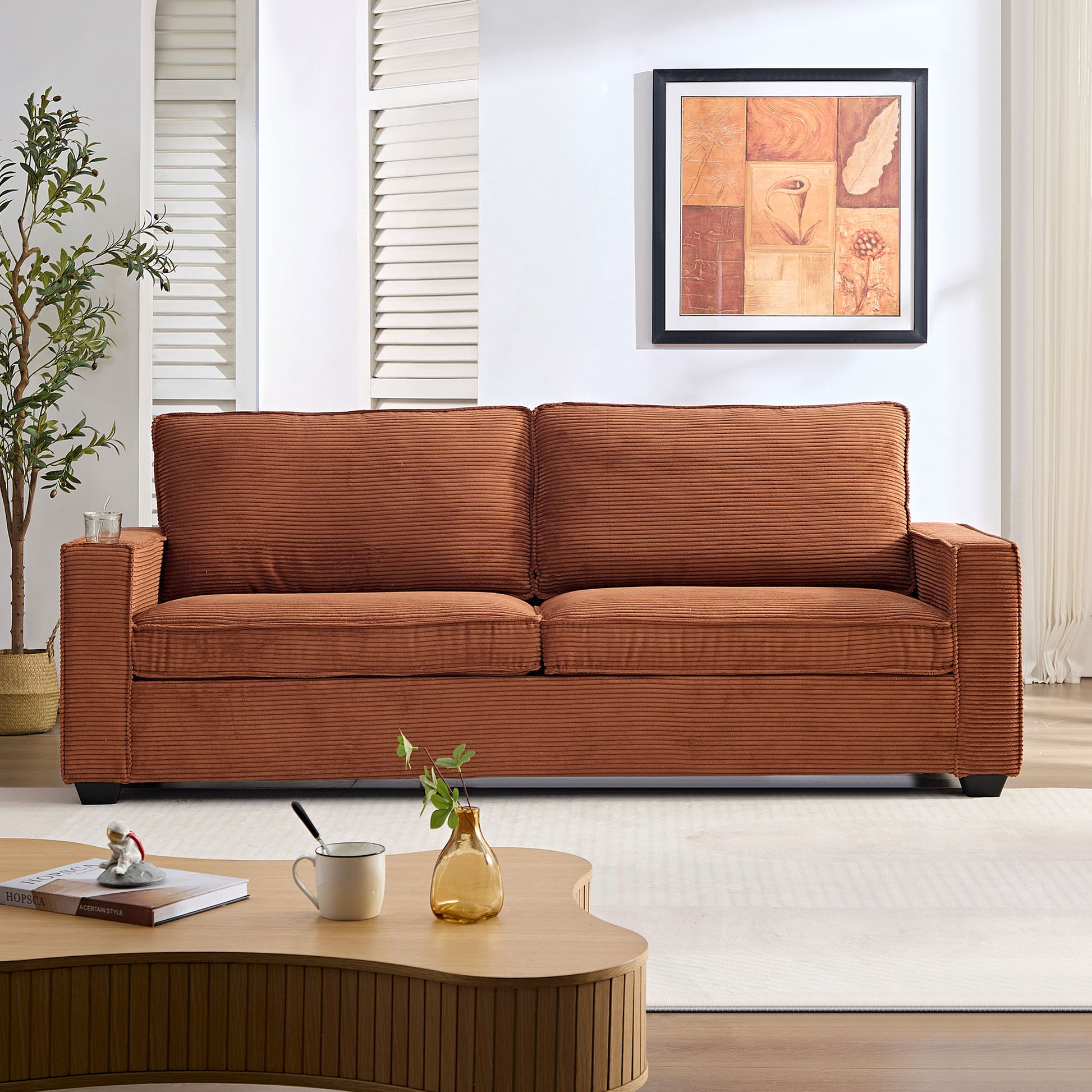 Corduroy Sofa, 87.4 Inch Modern Design Sofa With Cup Holder And Storage Bags, Deep Seat Sofa Couch,Comfy Couch For Living Room,Apartment,Office,Brown Brown Corduroy 3 Seat