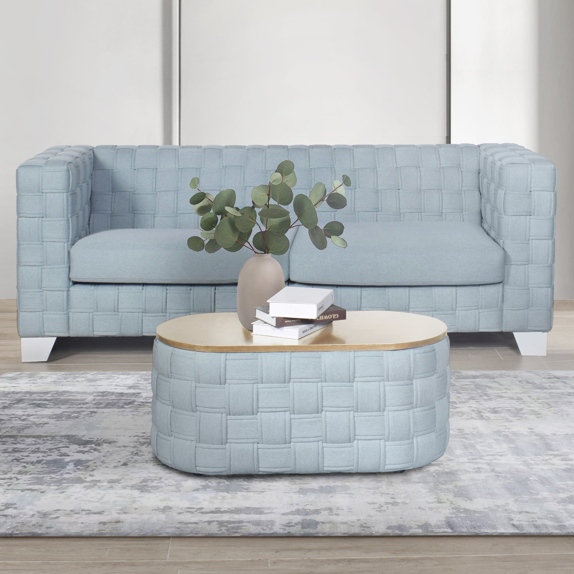 Light Teal Coffee Table With Knitting Texture Base Teal Primary Living Space Oval Particle Board Mdf