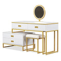 Modern Style Vanity Table With Movable Side Cabinet And 4 Drawers, Large Size Dressing Table With Mirror And 3 Colors Led Light, Makeup Table With Stool, White, Lden Legs Gold White 4 Drawers Mdf Metal