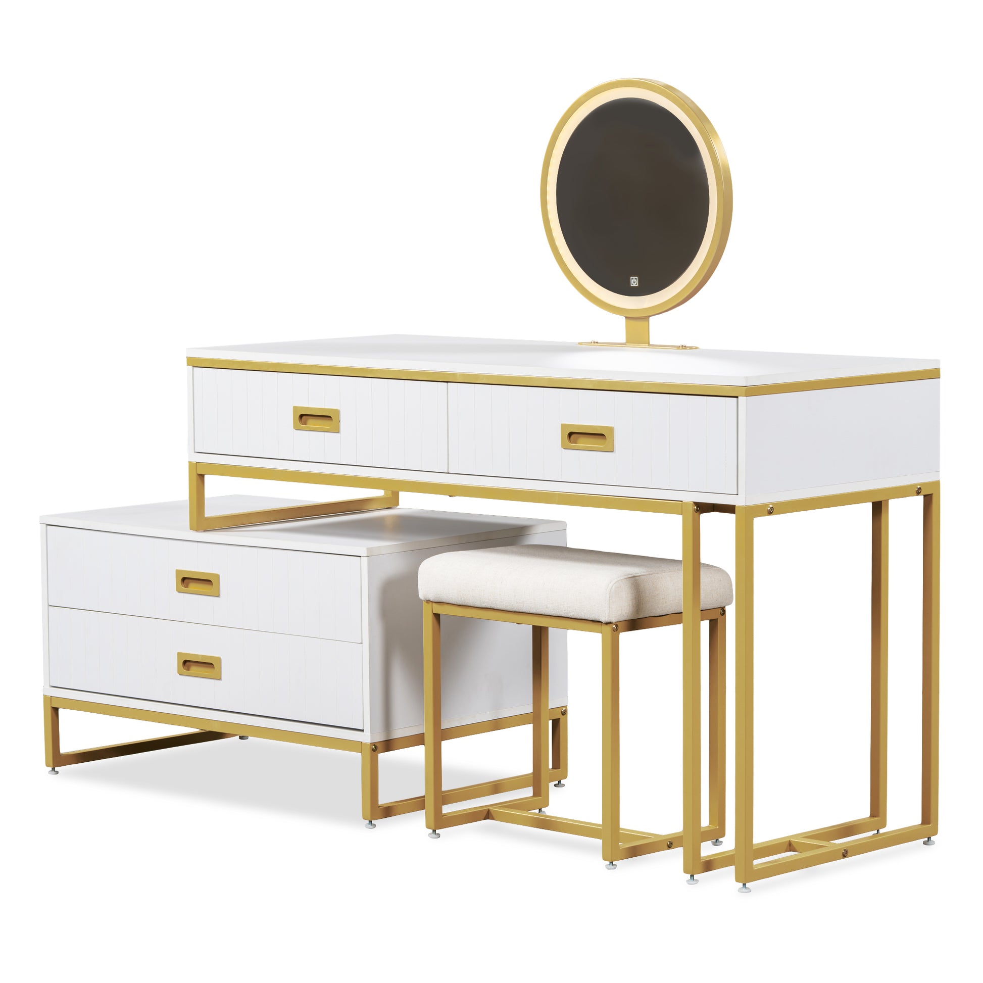 Modern Style Vanity Table With Movable Side Cabinet And 4 Drawers, Large Size Dressing Table With Mirror And 3 Colors Led Light, Makeup Table With Stool, White, Lden Legs Gold White 4 Drawers Mdf Metal