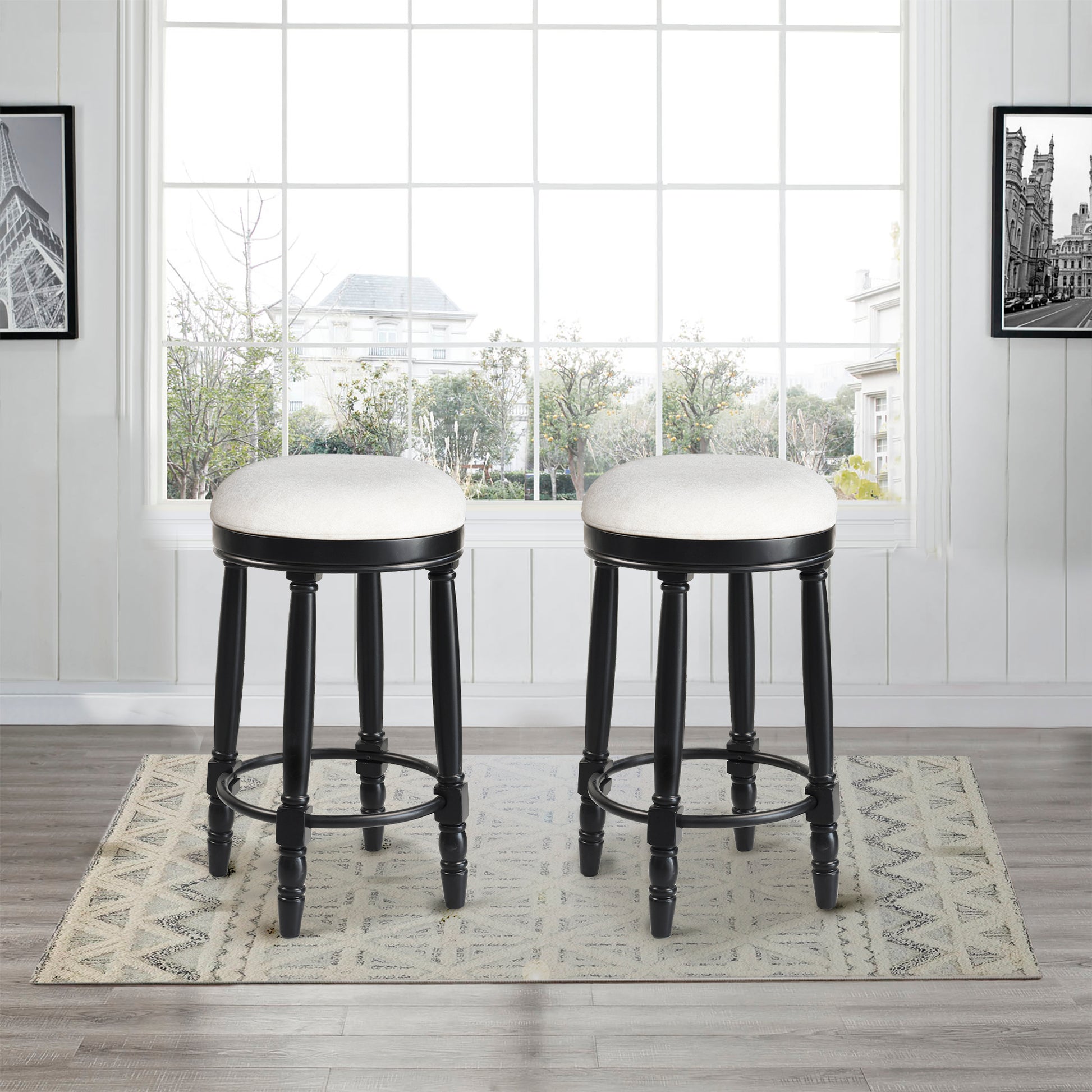 Bar Stools Set Of 2 Black Color, 360 Degree Swivel, Accent Wooden Swivel Seat Counter Height Bar Stool,White Cushion Seat, Barstool Perfect For Dining And Living Room Height 26" Cushion Solid White