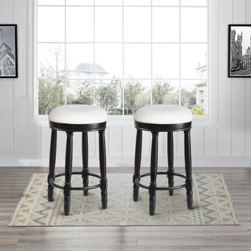 Bar Stools Set Of 2 Black Color, 360 Degree Swivel, Accent Wooden Swivel Seat Counter Height Bar Stool,White Cushion Seat, Barstool Perfect For Dining And Living Room Height 26" Cushion Solid White