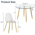 A Modern Minimalist Style Round Transparent Tempered Glass Table With Gold Metal Legs, Paired With 6 Modern Style Transparent Dining Chairs For A Luxurious Experience. Transparent Seats 6 Glass