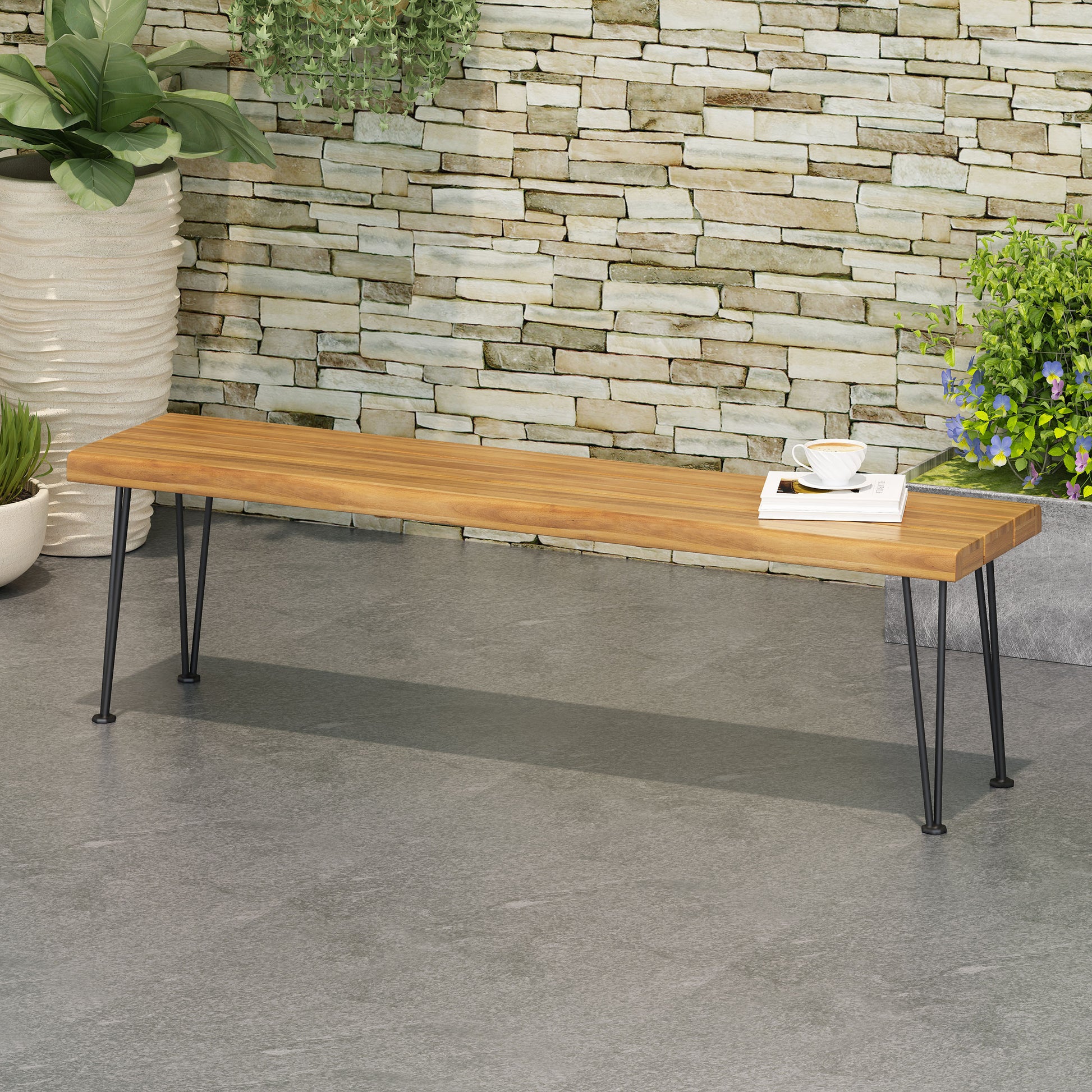 Zion Industrial Wood And Metal Rectangular Bench Teak Wood