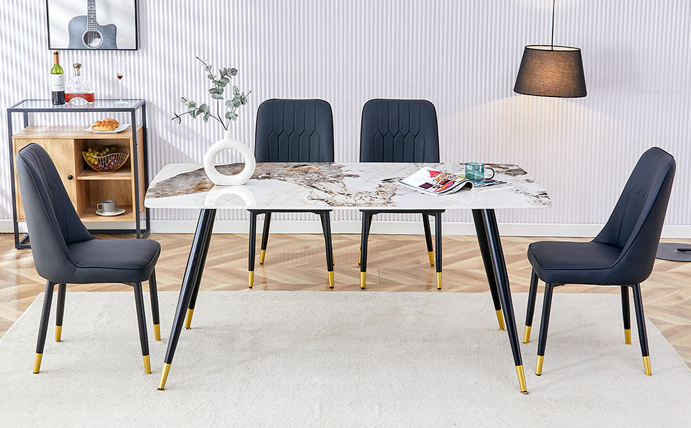 Modern Minimalist Dining Table. Imitation Marble Patterned Stone Burning Tabletop With Black Metal Legs.Modern Dining Chair With Pu Artificial Leather Backrest Cushion And Black Metal Legs.F 001 C 007 Black Gold Sintered Stone