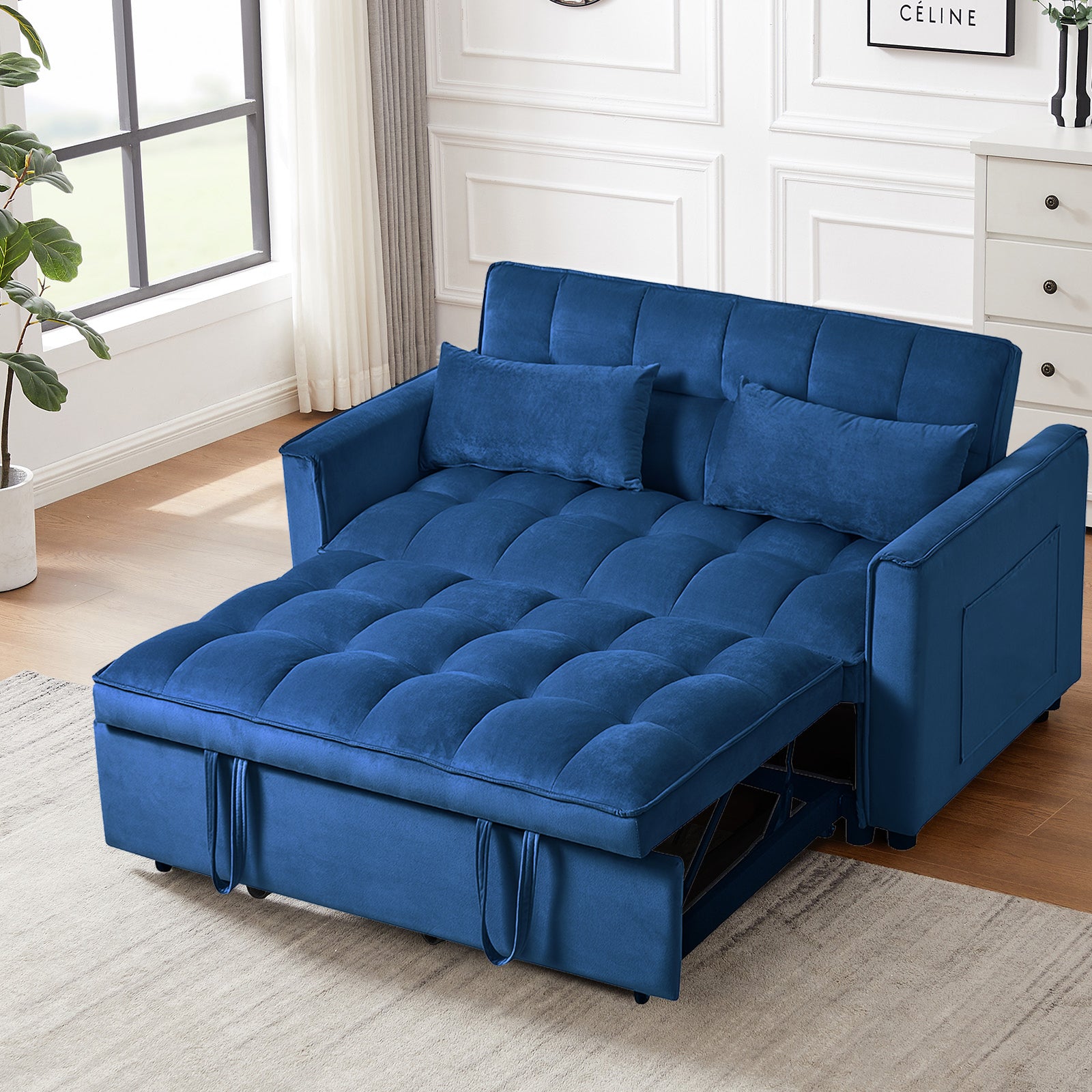 3 In 1 Convertible Sleeper Sofa Bed, Modern Pull Out Couch Bed, Adjustable Backrest, Velvet Loveseat Futon Sofa With Pillows & Pockets For Living Room Apartment, Blue Blue Velvet Wood Primary Living