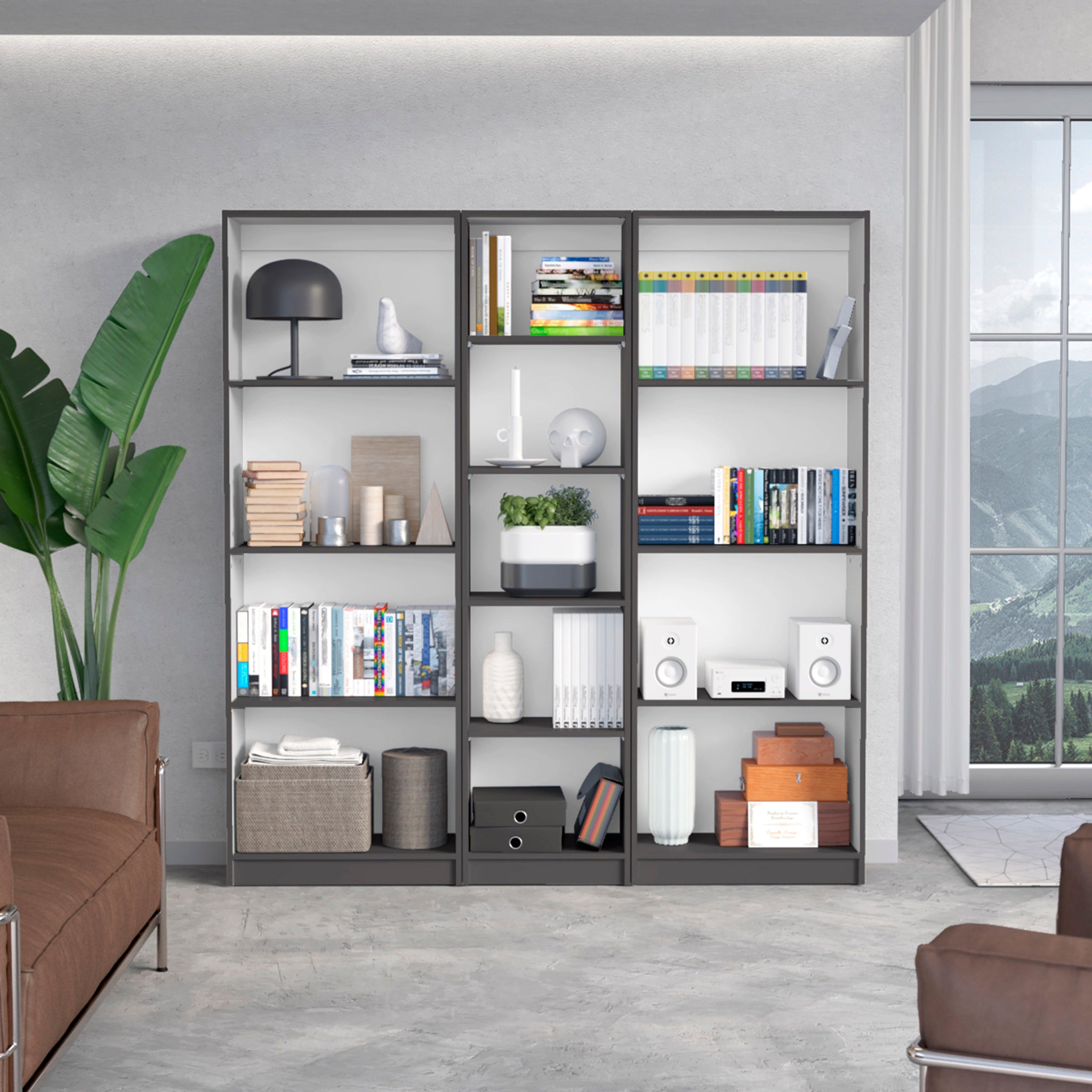 Durant 3 Piece Home Bookcase Set, 67" Wide With 13 Shelvesliving Room Set Set Matt Gray White Freestanding 5 Or More Shelves Multicolor,White Gray Office Open Storage Space Modern Particle Board