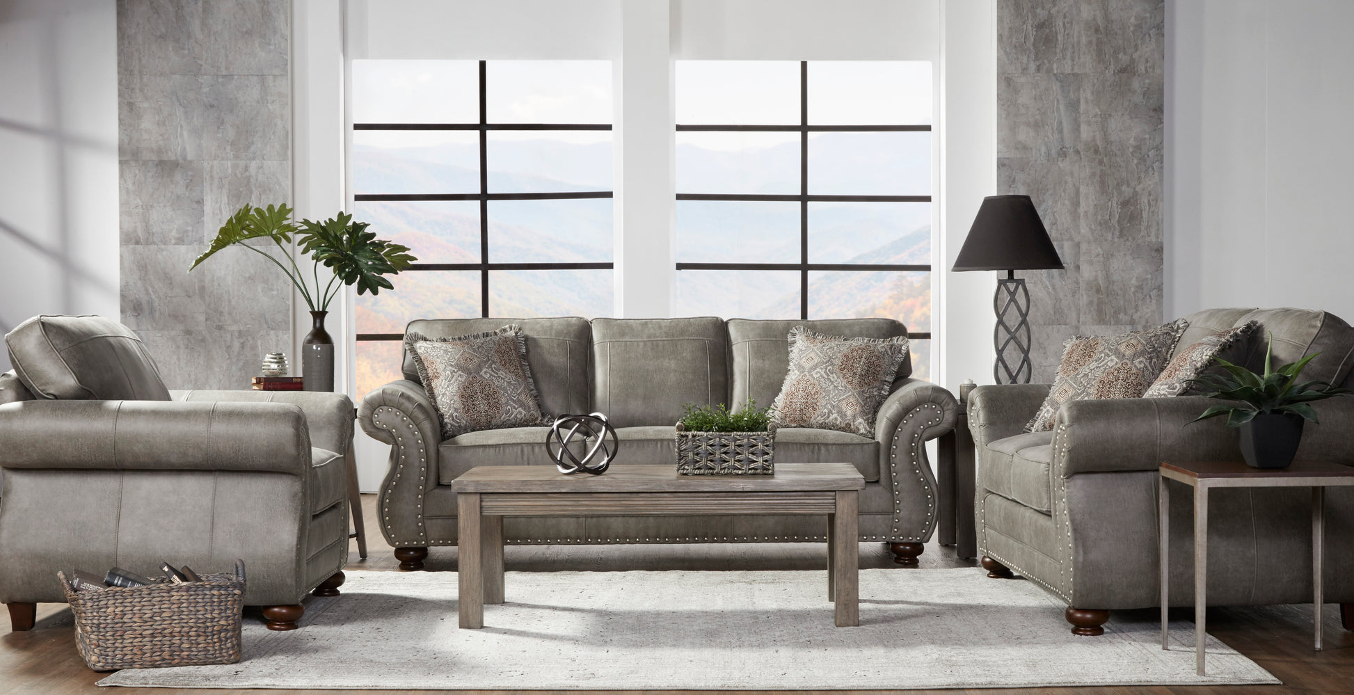 Leinster Faux Leather Upholstered Sofa, Loveseat, And Chair Set Gray Faux Leather 5 Seat