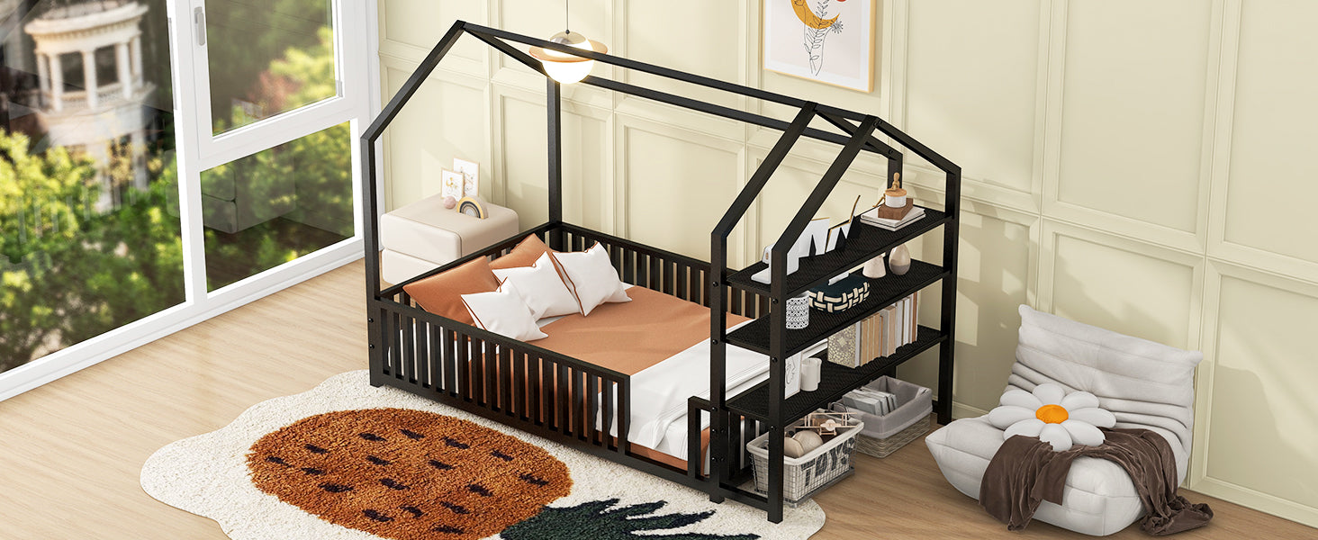 Twin Size Metal House Bed With Fence And Detachable Storage Shelves, Black Twin Black Metal