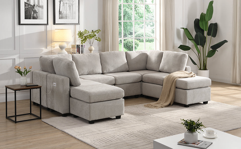 103" Sectional Sofa Couch Sofa Bed U Shaped Sofa With Two Movable Ottoman And Three Usb Ports For Living Room, Grey Grey Foam Chenille 6 Seat