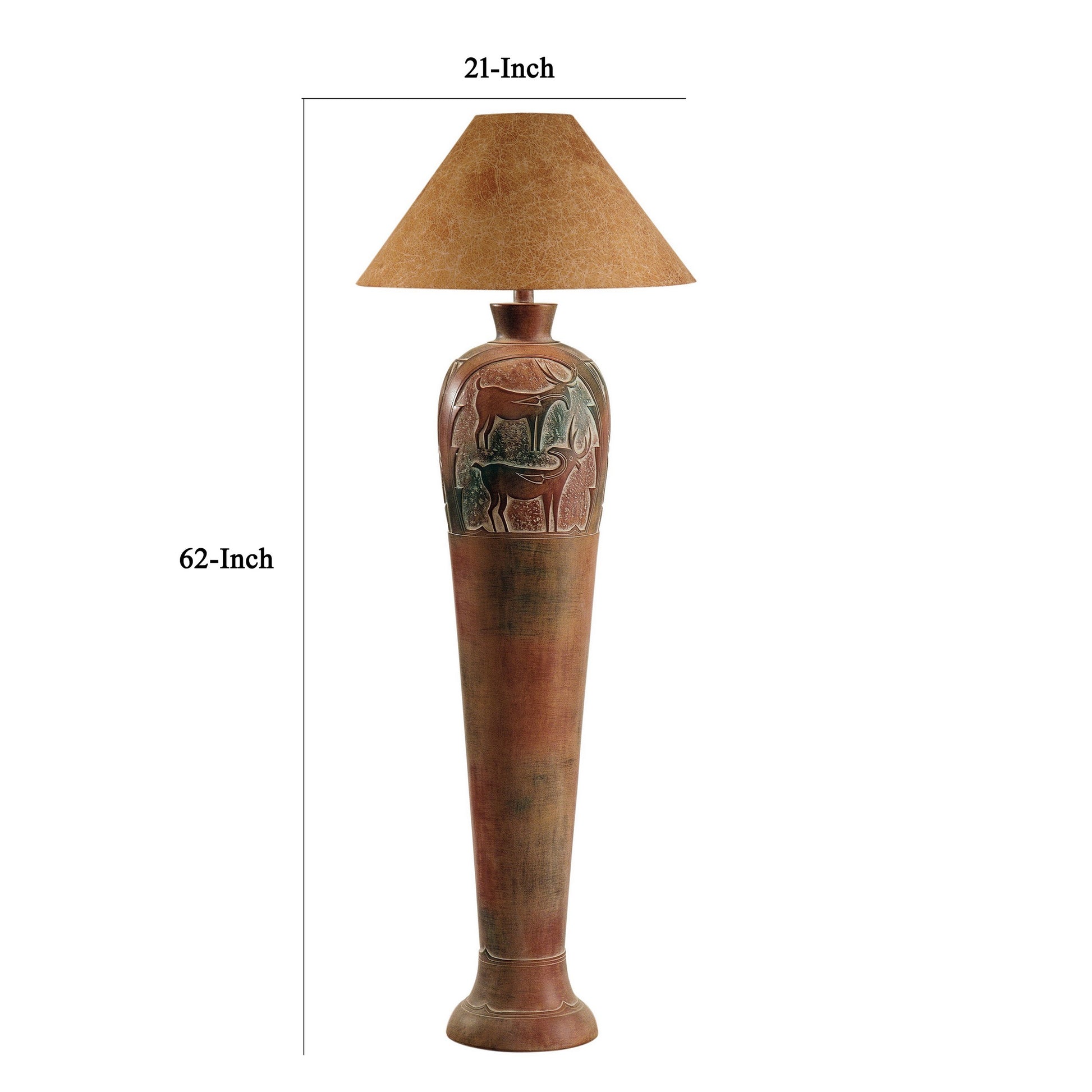 Siya 62 Inch Elongated Floor Lamp, Extra Tall, Deer Carvings, Brown, Black Black Brown Fabric