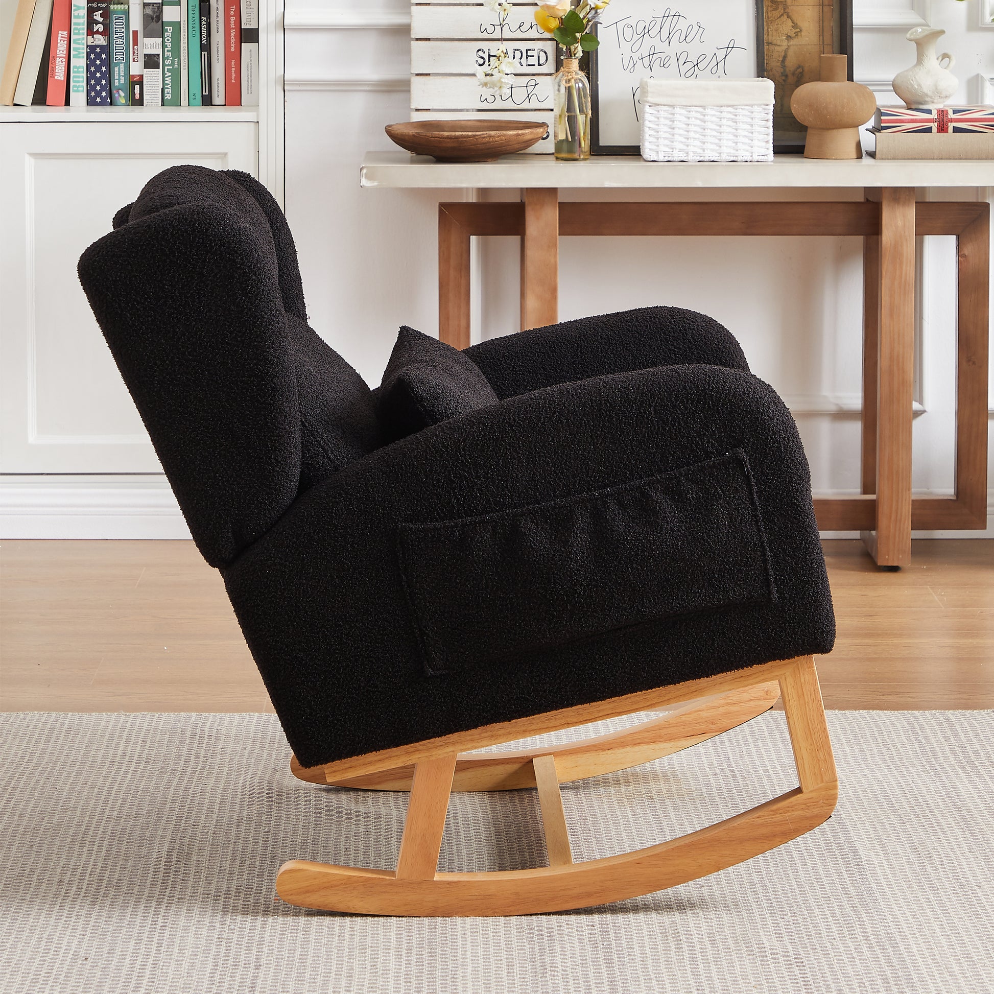 27.2"W Modern Accent High Backrest Living Room Lounge Arm Rocking Chair, Two Side Pocket Black Foam Fabric