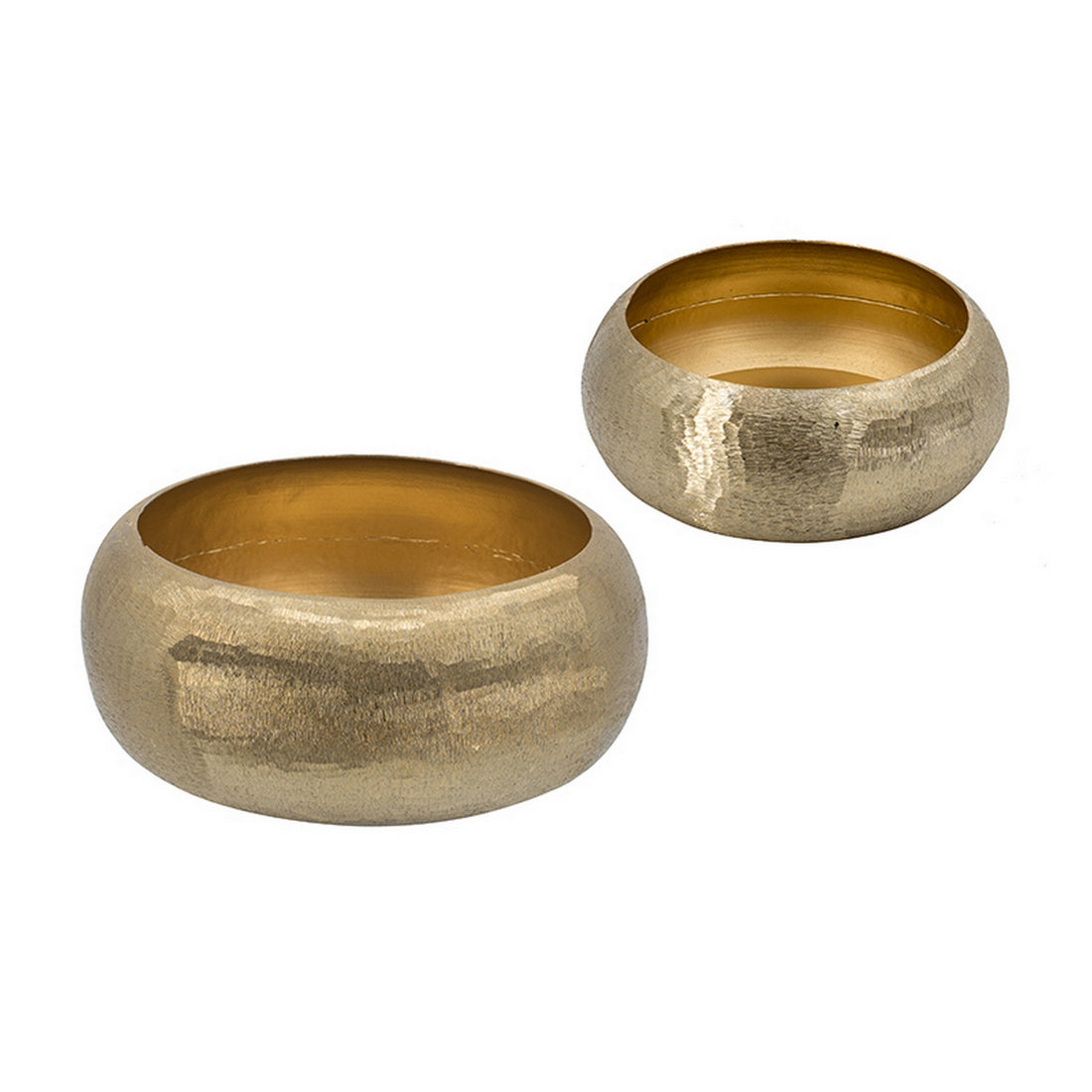 2 Piece Rounded Decorative Bowls, Gold Metal Hammered Texture, Wide Ingress Gold Aluminium