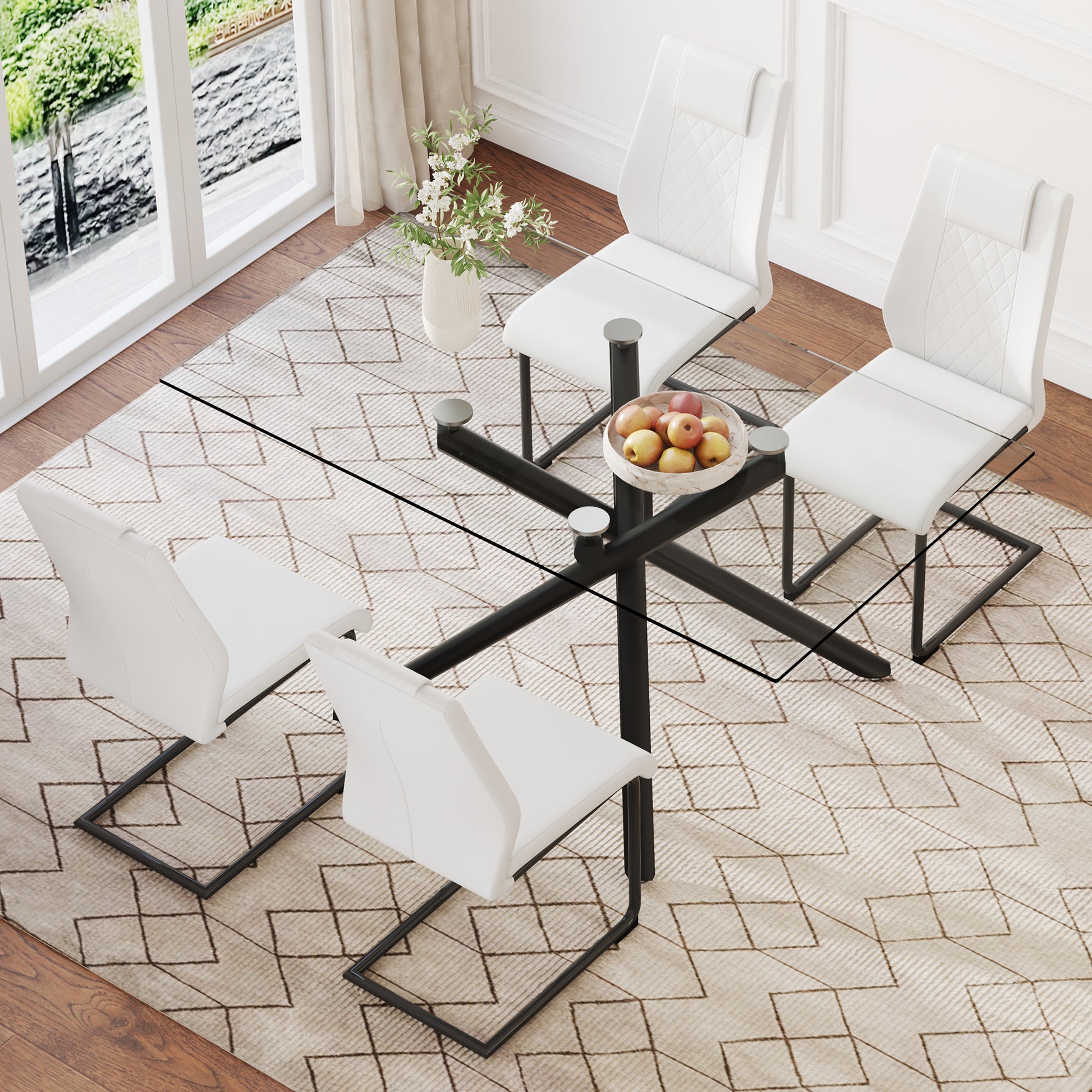 Table And Chair Set.Modern Rectangular Glass Dining Table With 0.39" Tempered Glass Tabletop And Black Metal Legs.Paired With Multiple Chairs Designed With Pu Cushions And Black Metal Legs. White Black Seats 4 Tempered Glass