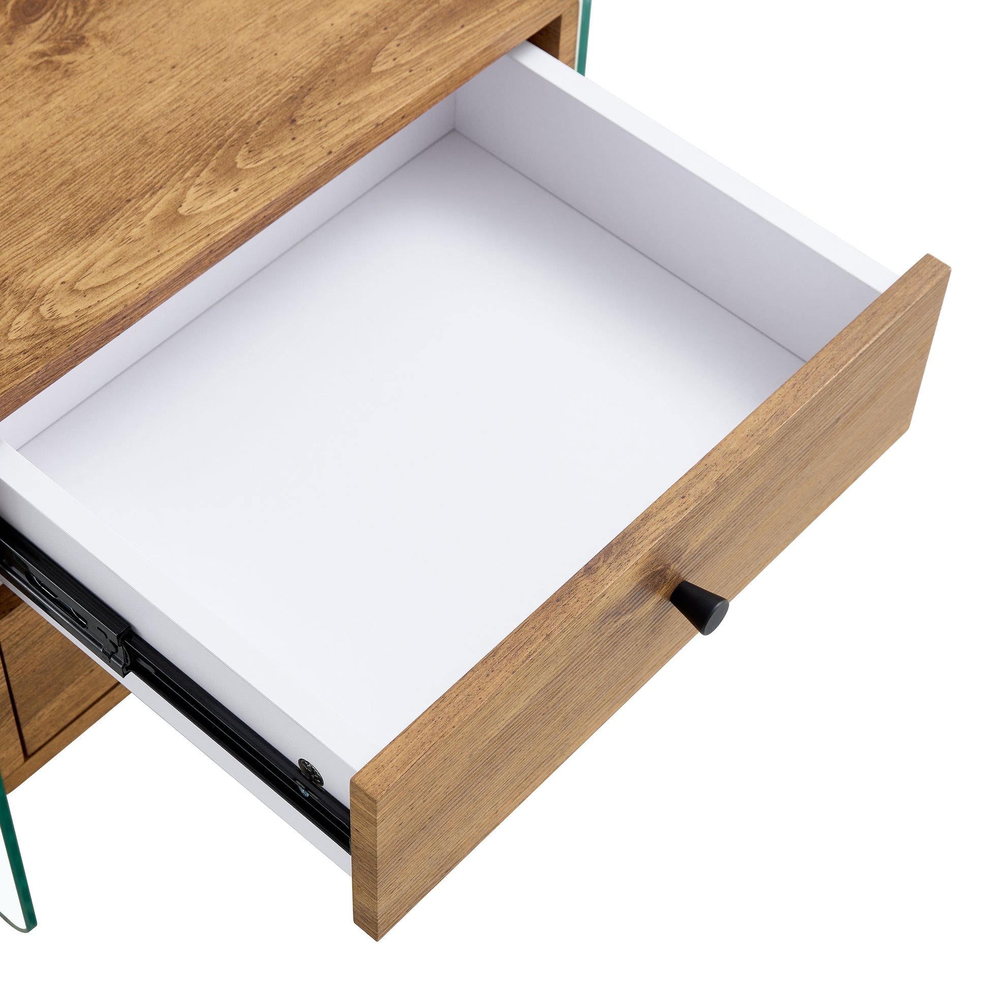 Double Drawer Bedside Table. The Board Surface Is Mdf Sticker, And Both Sides Are Transparent Tempered Glass. The Design Is Simple And Elegant, With Excellent Storage Functions. Wood 2 Drawers Mdf Glass