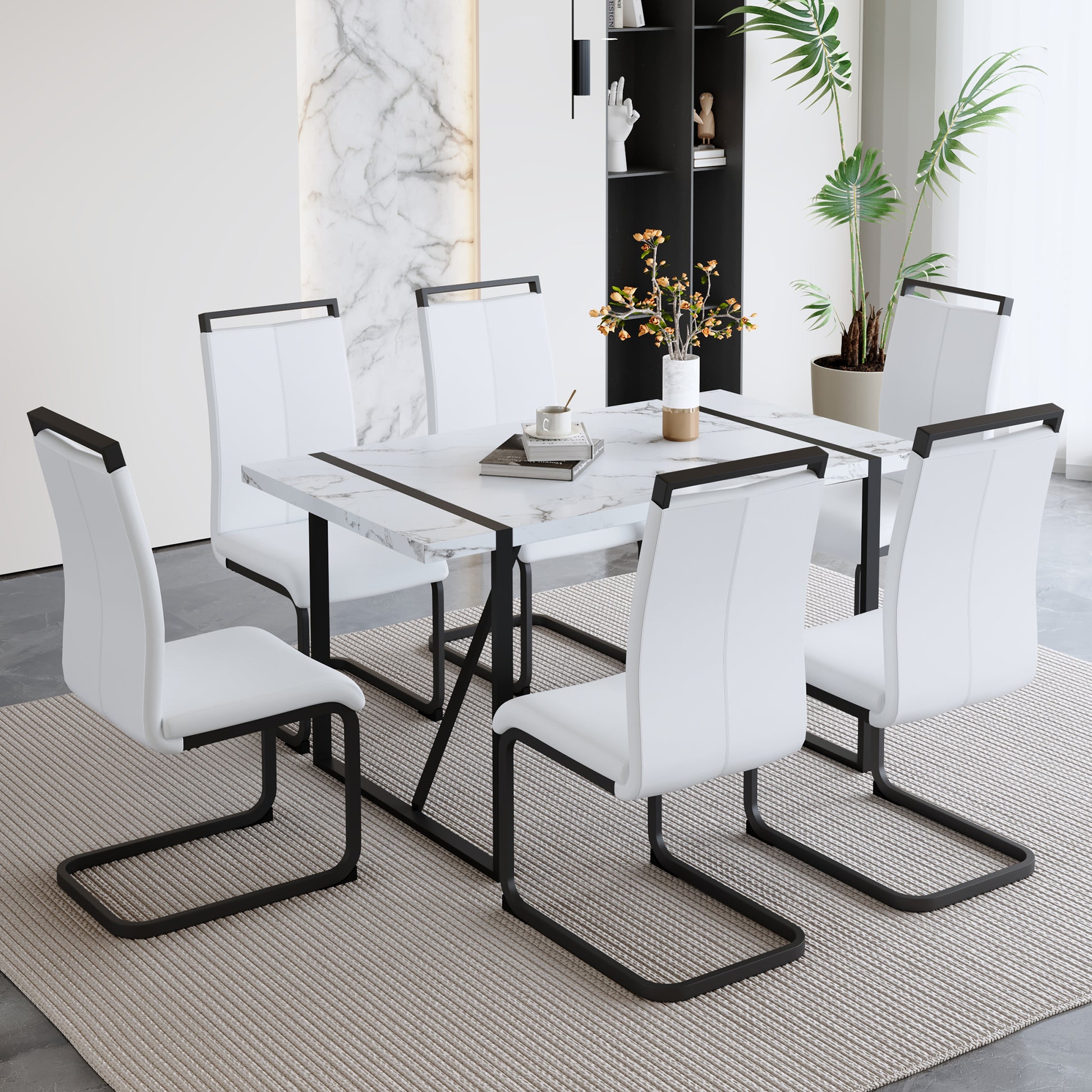 Table And Chair Set.A Modern Minimalist White Marble Veined Mdf Dining Table With Black Metal Frame.Paried With 6 Chairs With White Pu Cushions And C Tube Black Metal Legs. White Seats 6 Mdf Metal