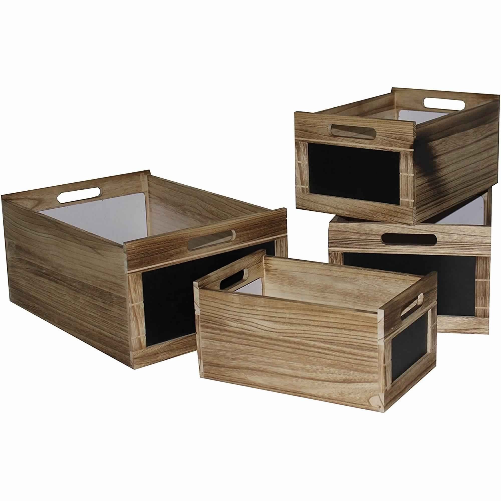 Chalkboard Inserted Wooden Storage Box With Cutout Handles, Set Of 4,Brown Brown Wood