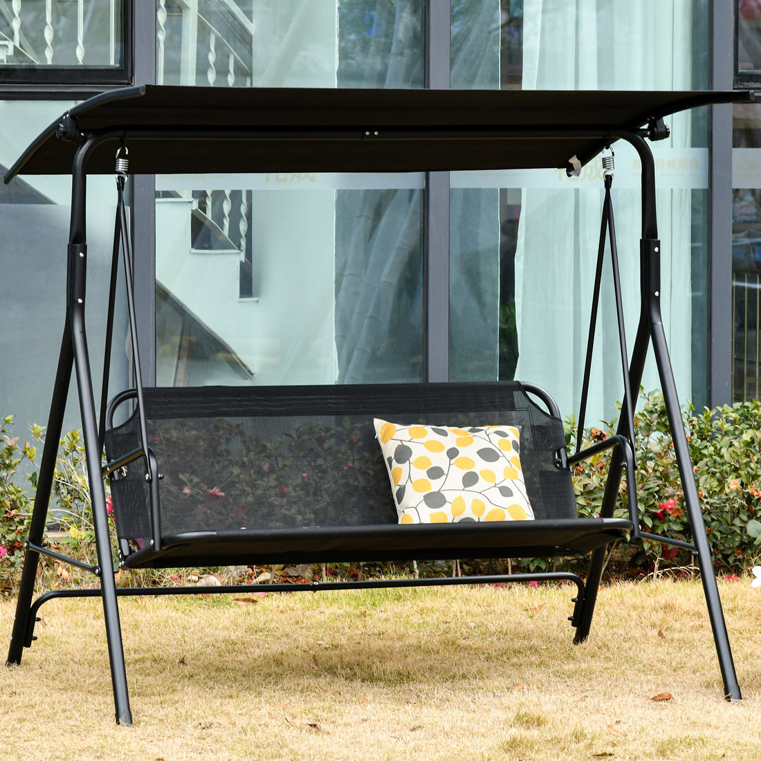 Outsunny Patio Swing Chair With Canopy, Seats 2 Adults Loveseat Bench With Adjustable Tilt Canopy, Armrests, A Frame Steel,Mesh For Backyard, Garden, Black Black Metal