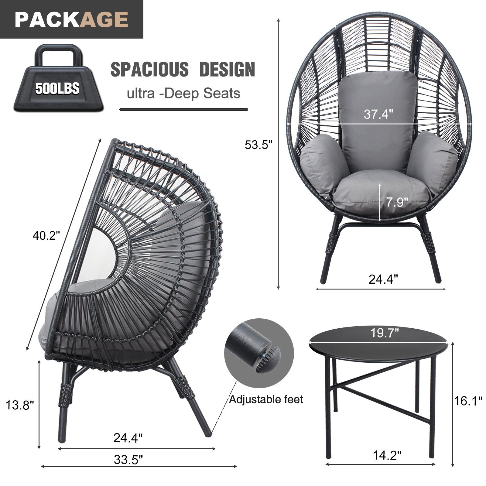 Patio Pe Wicker Egg Chair Model 2 With Black Color Rattan Grey Cushion And Side Table Yes Black Foam Steel