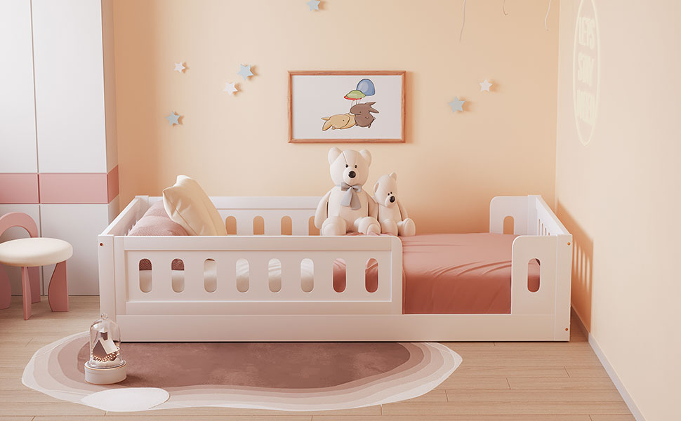 Wood Twin Size Platform Bed With Guardrail, White Box Spring Not Required Twin White Wood Bed Frame Solid Wood Mdf