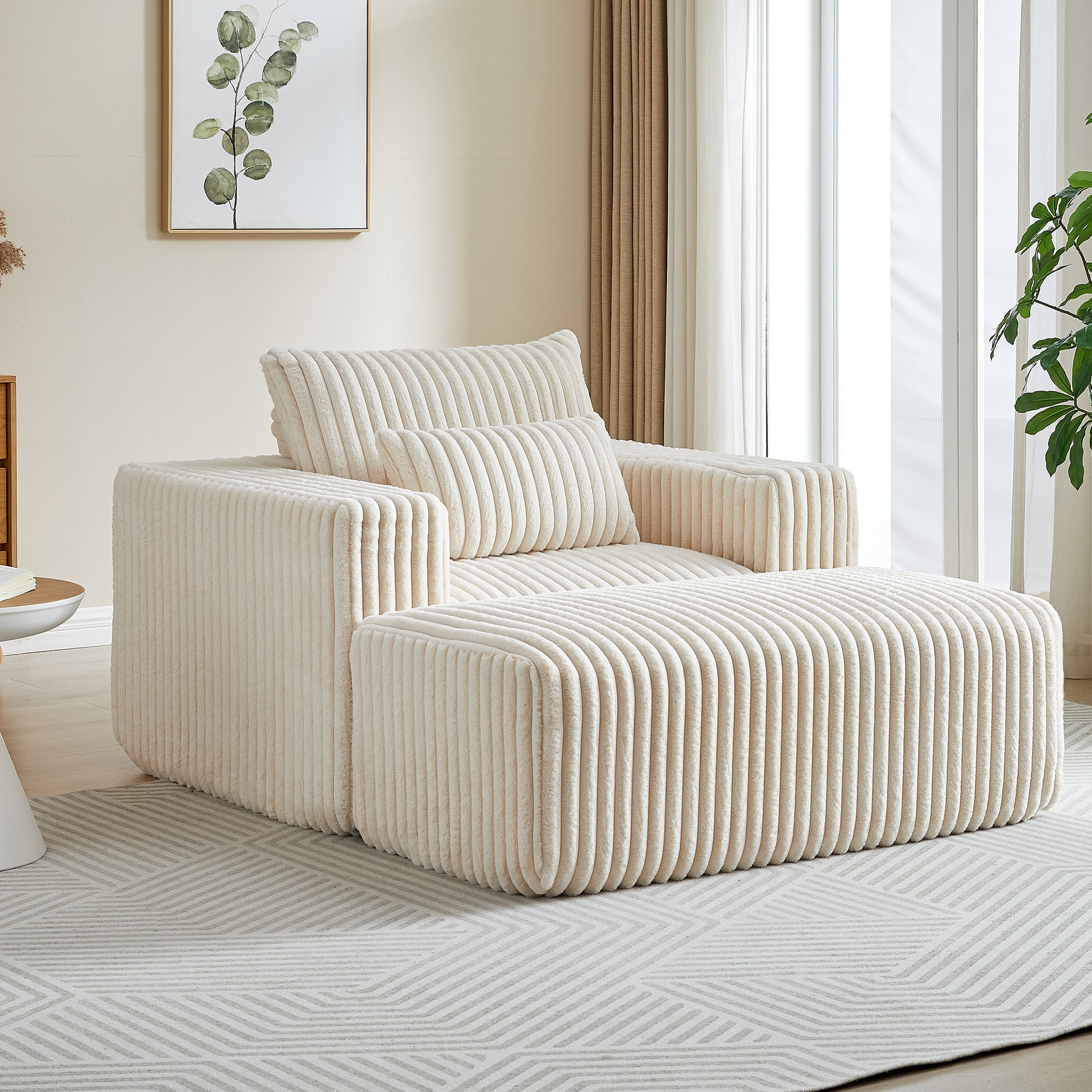 62.5 Inch Corduroy Sponge Sofa Lounge Chair With Removable Footrest,No Assembly Required,Fluffy Modern Sleeper Chair For Indoor Living Room Bedroom Beige Foam Corduroy 1 Seat