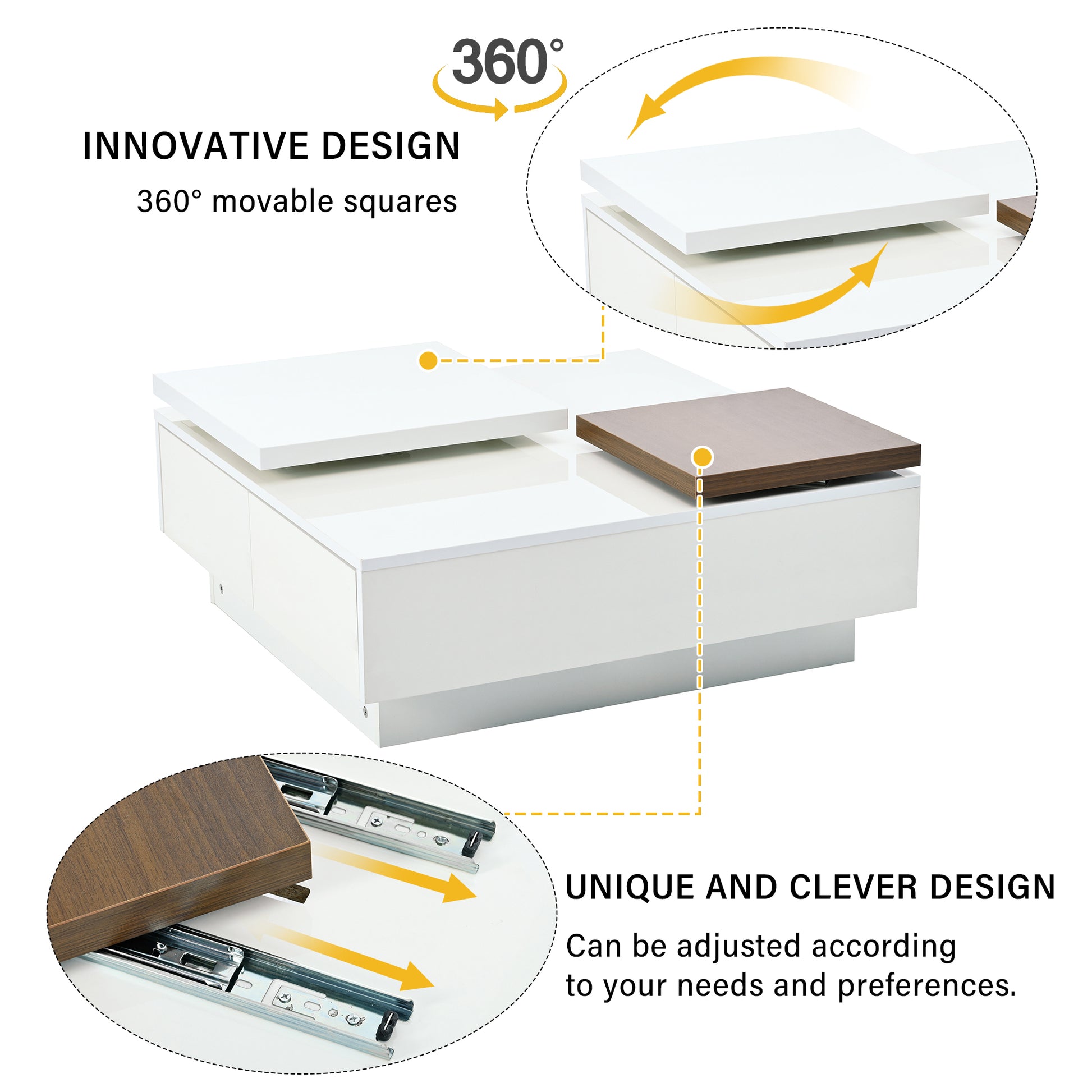 Movable Top Coffee Table, Modern Square Wood Coffee Table With High Gloss Finish, 4 Hidden Storage Drawers For Living Room White Mdf