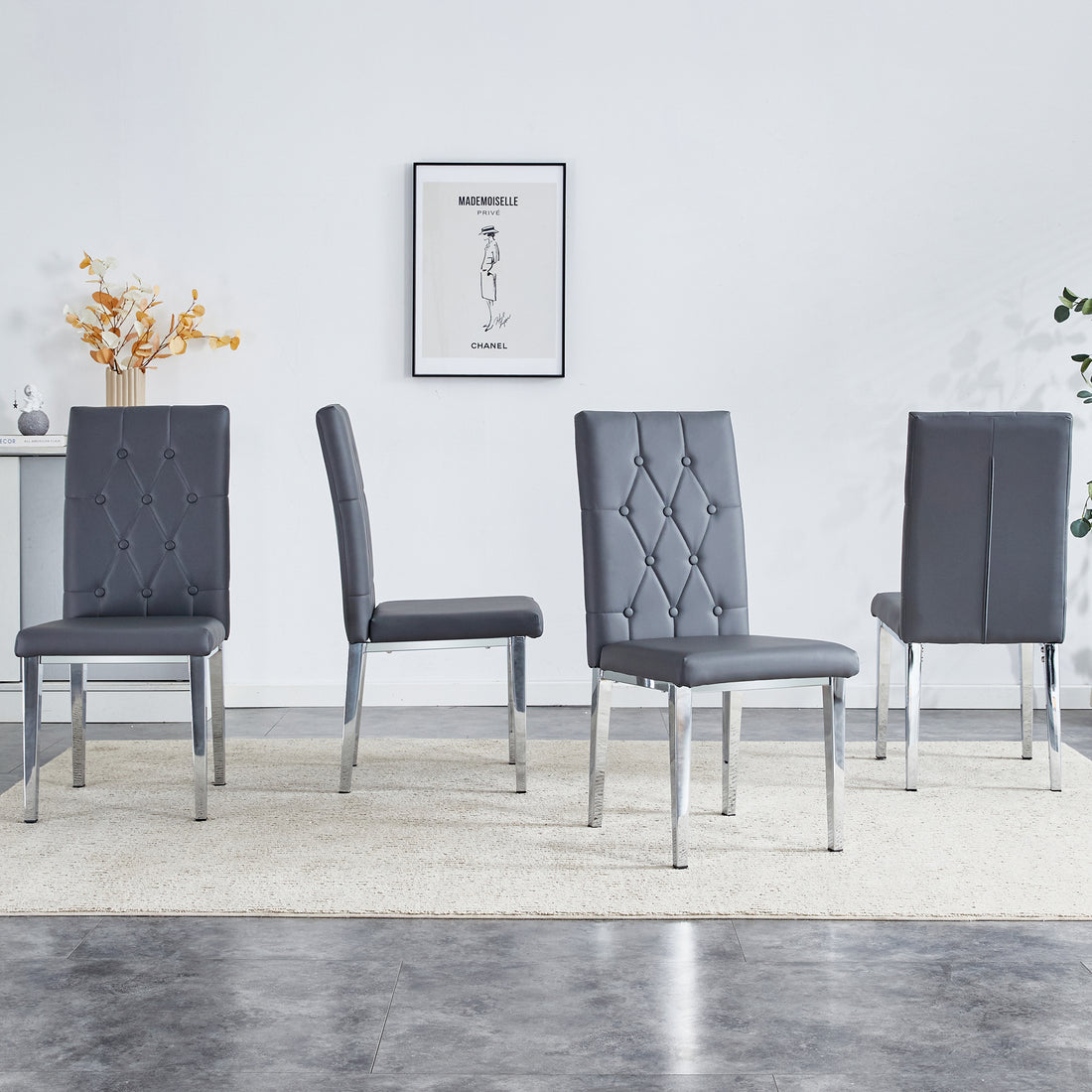 4 Piece Dining Chair, Modern Style Kitchen Upholstered High Back, Metal Leg Office Chair, Suitable For Dining Room, Office, Restaurant. Gray Pu