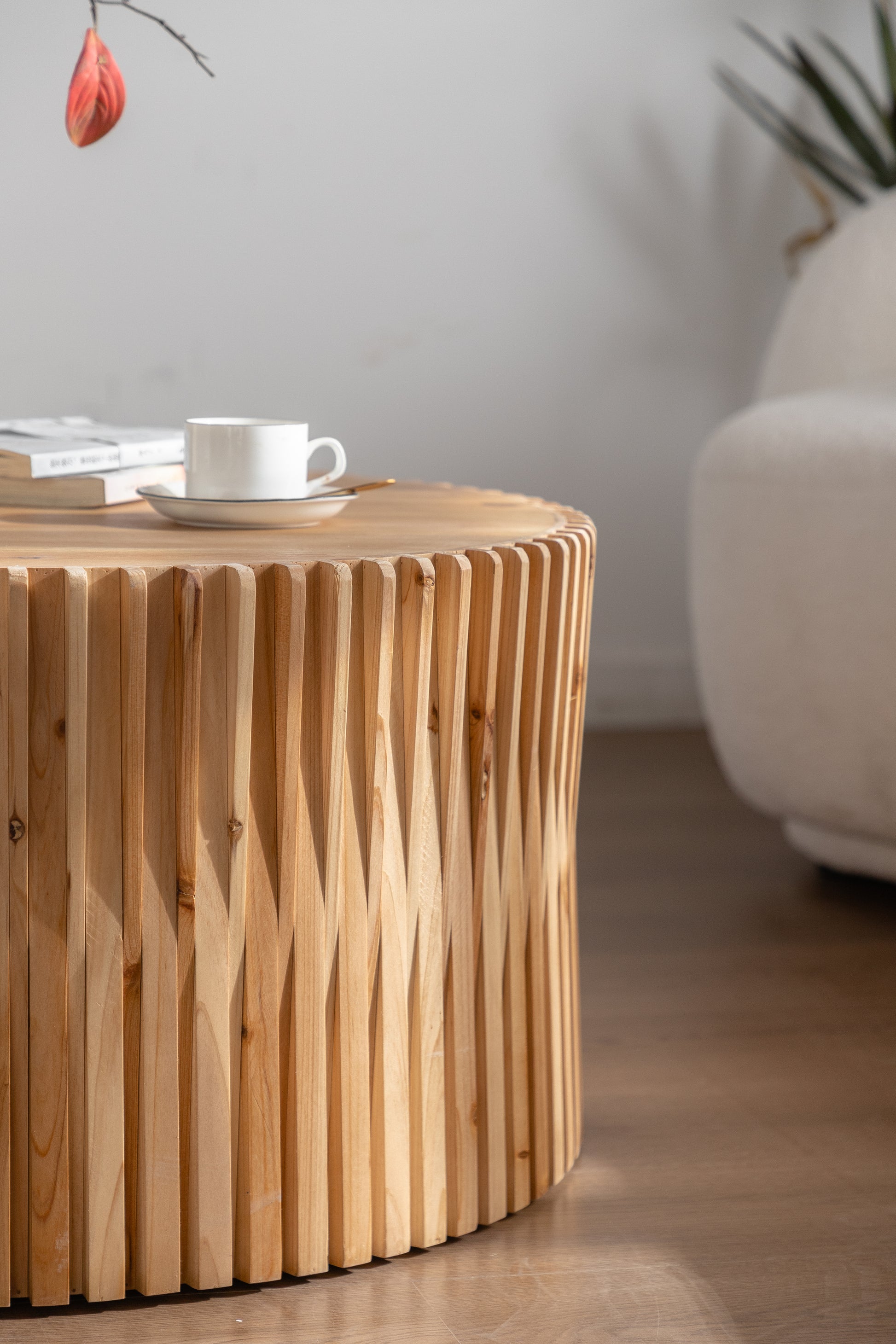 31.5" Retro Fashion Style Cylindrical Coffee Table With Vertical Texture Relief Design,Suitable For Living Room,Office,And Dining Room Natural Fir Wood