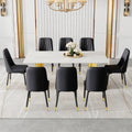 Table And Chair Set.The Table Has A Glass Top With Imitation Marble Pattern Stickers And Stainless Steel Golden Legs. Paried With Chairs With Pu Artificial Leather Backrest Cushions And Black Legs. White Gold Seats 8 Glass Metal